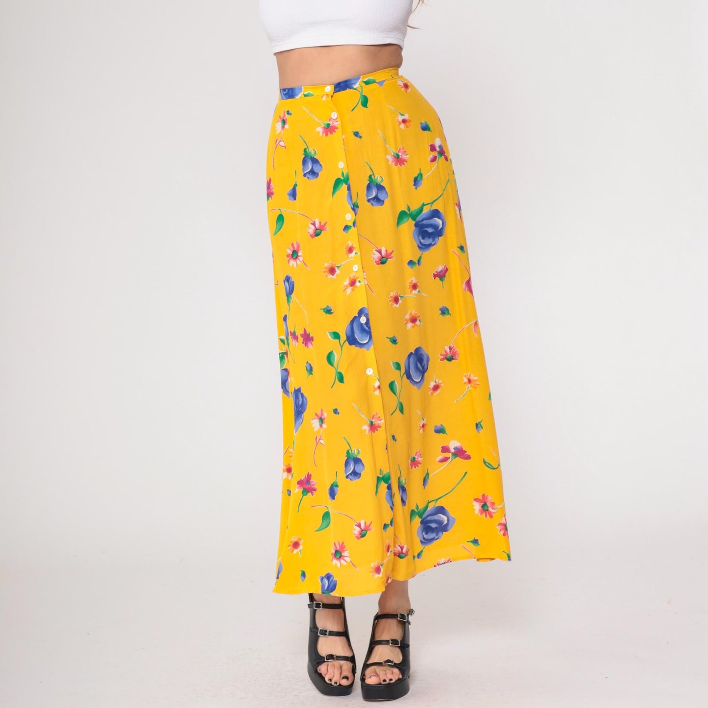 90s Breeches Yellow Floral Maxi Skirt Button Front Small