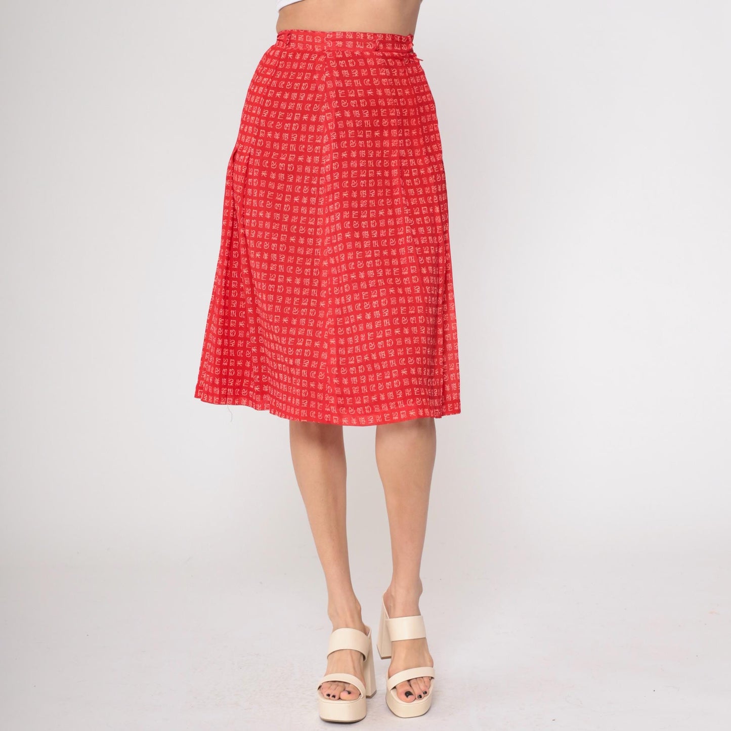 80s Red A-Line Mini Skirt Chinese Character Print High Waist Extra Small