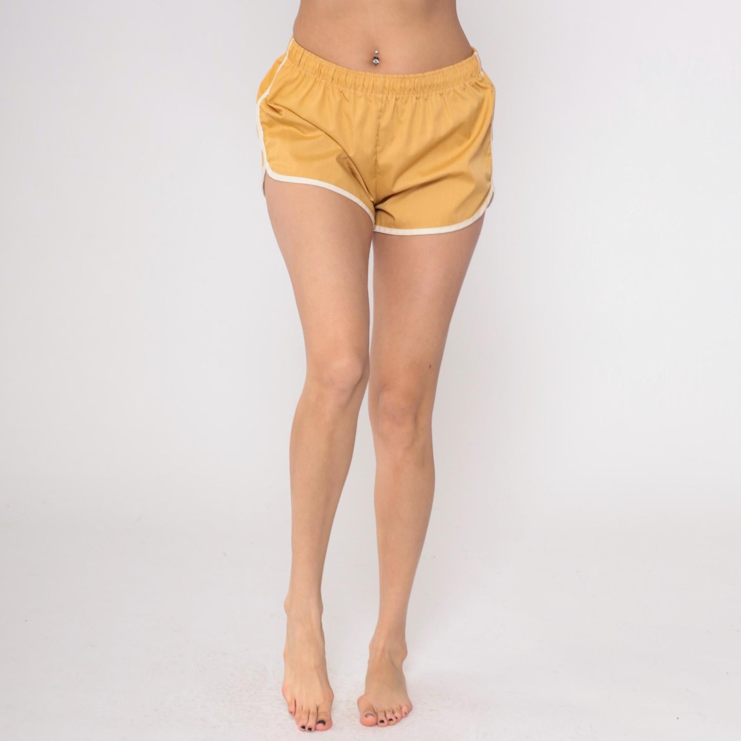 80s Tan Running Shorts White Trim Athletic Dolphin Hem Medium