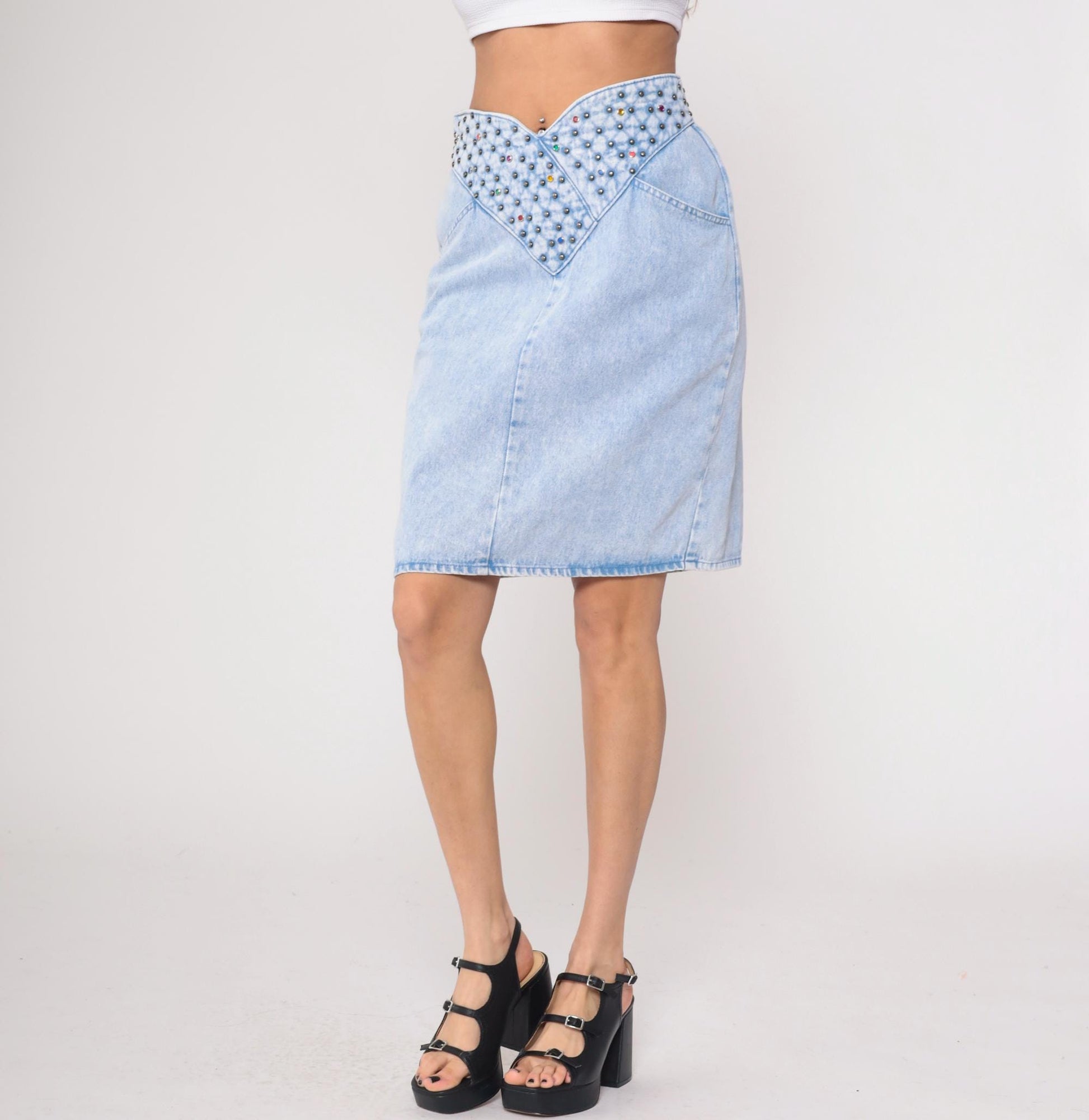 90s Opal Light Blue Studded Denim Mini Skirt Rhinestone High Waist Medium