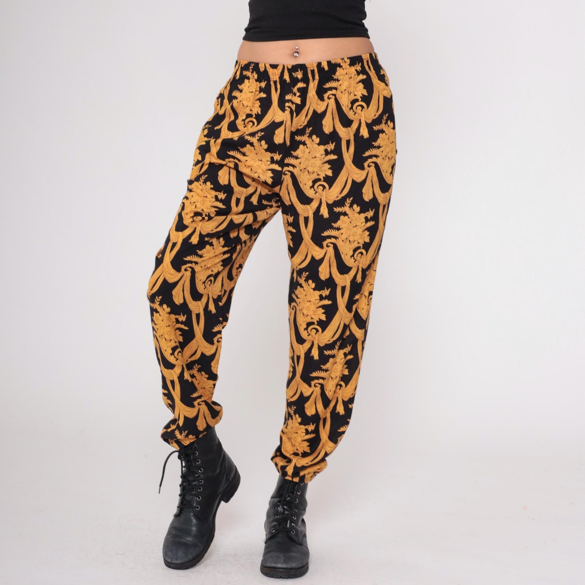 90s Judy Knapp Black Gold Baroque Damask Pants Elastic Waist Medium M
