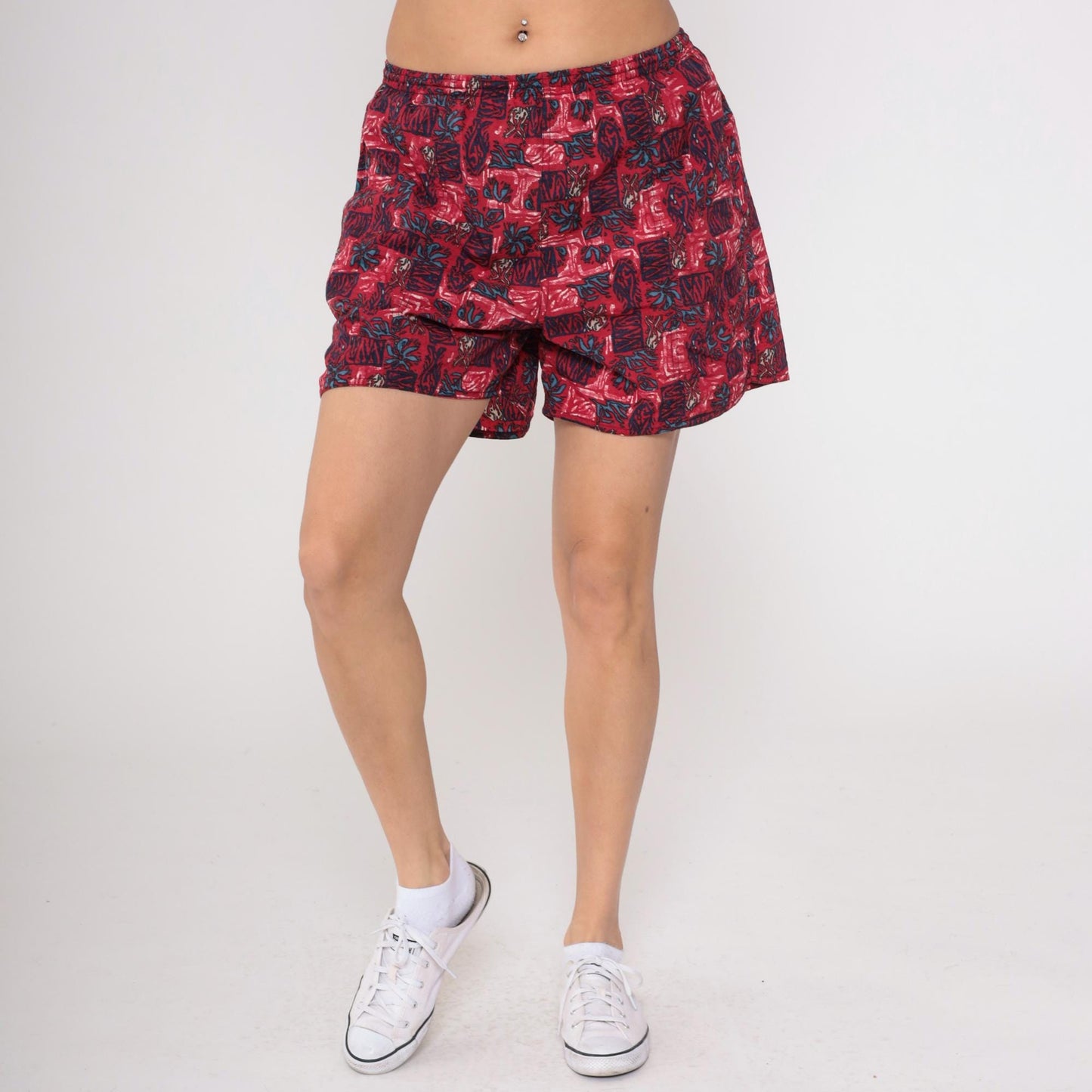 90s Newport Blue Tropical Swim Shorts Red Floral High Rise Medium