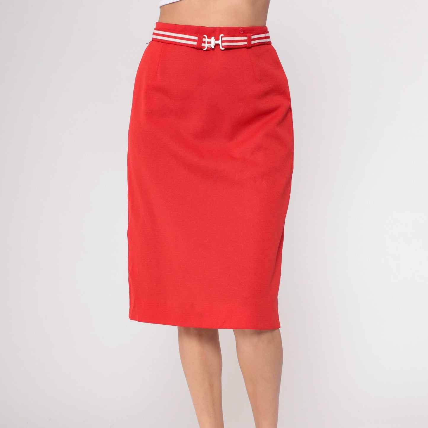 80s Act 3 Red Pencil Skirt White Striped Belt Knee-Length Medium