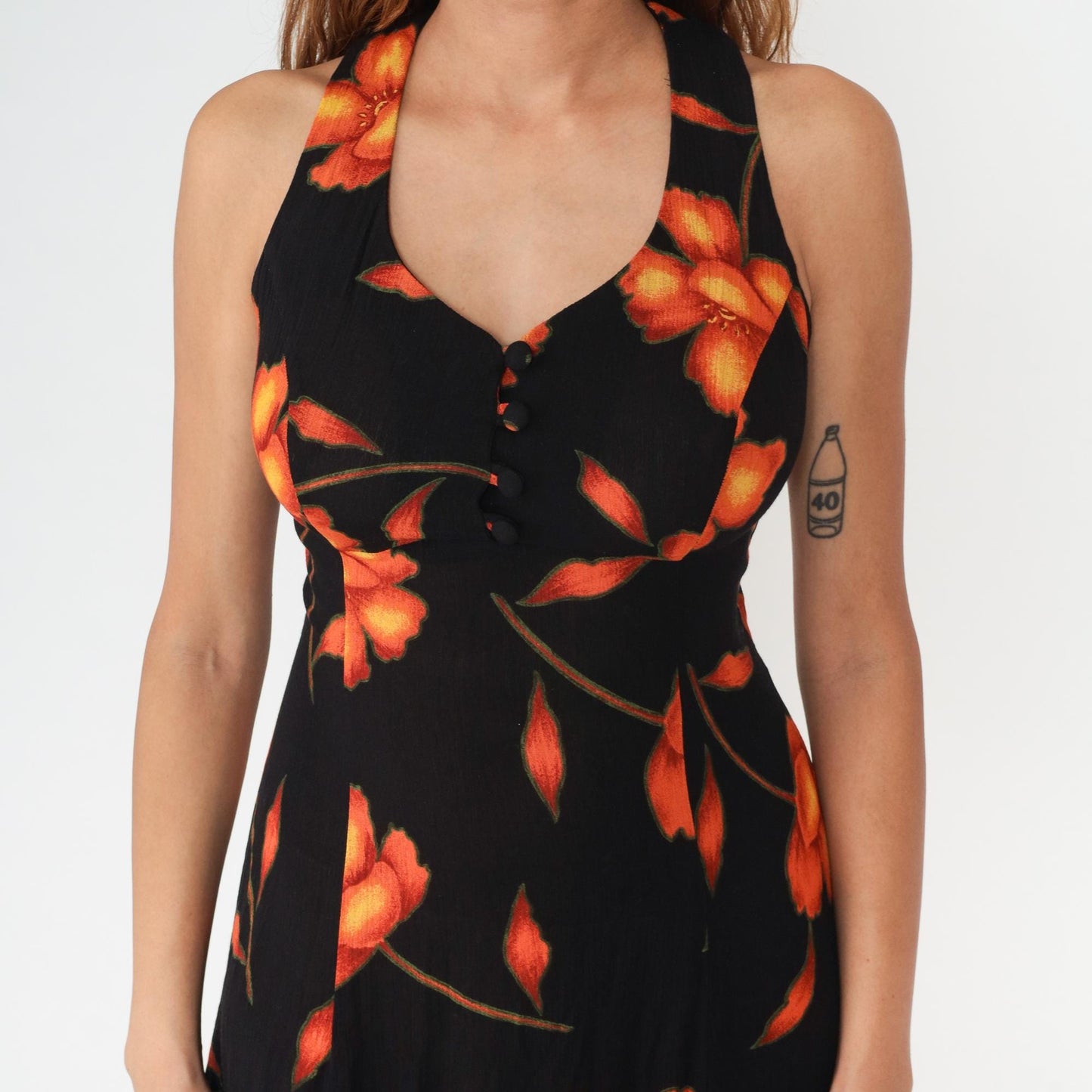 90s Black Floral Maxi Dress Halter Bustier Cross Back Medium