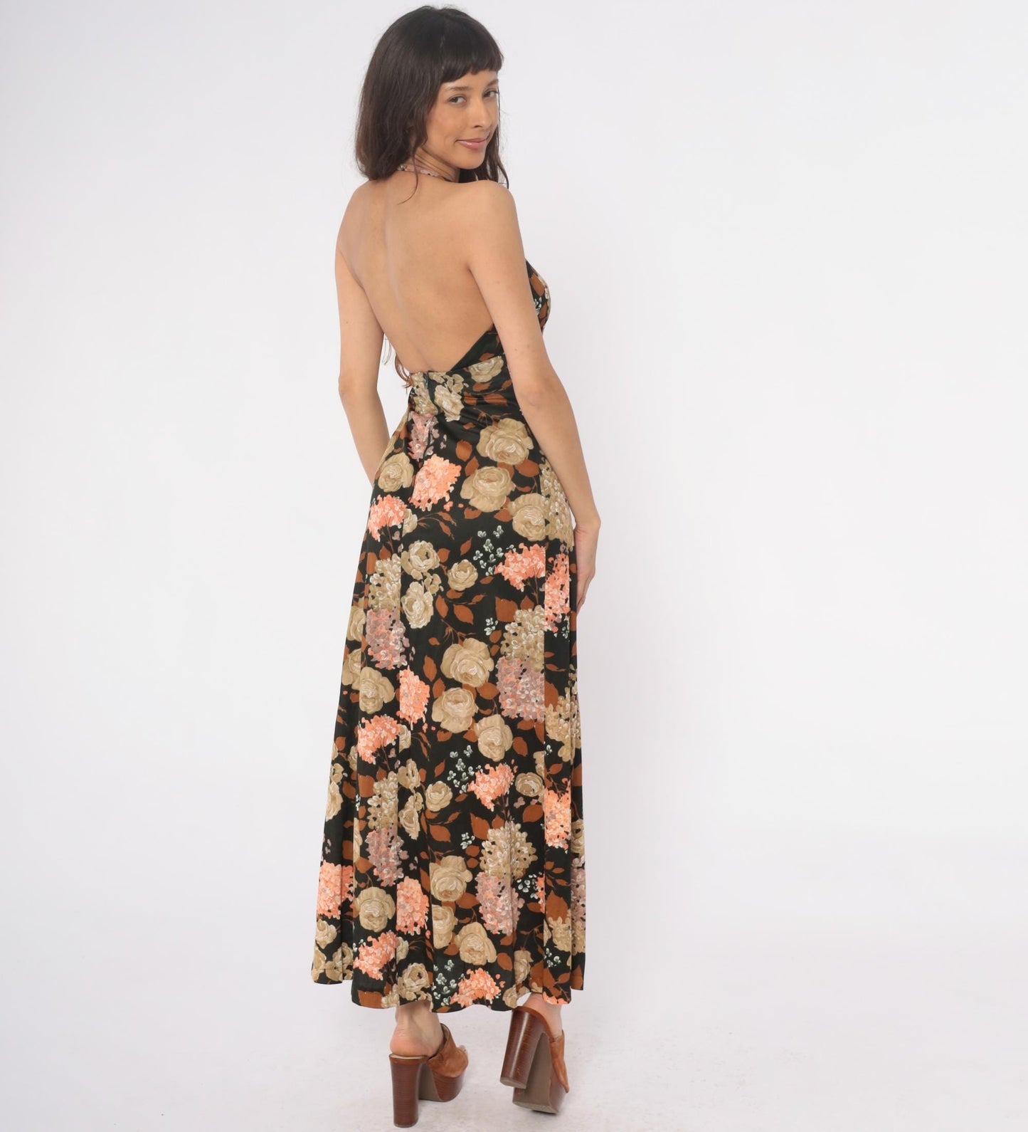 70s Dark Green Floral Halter Maxi Dress Deep V Sleeveless Small