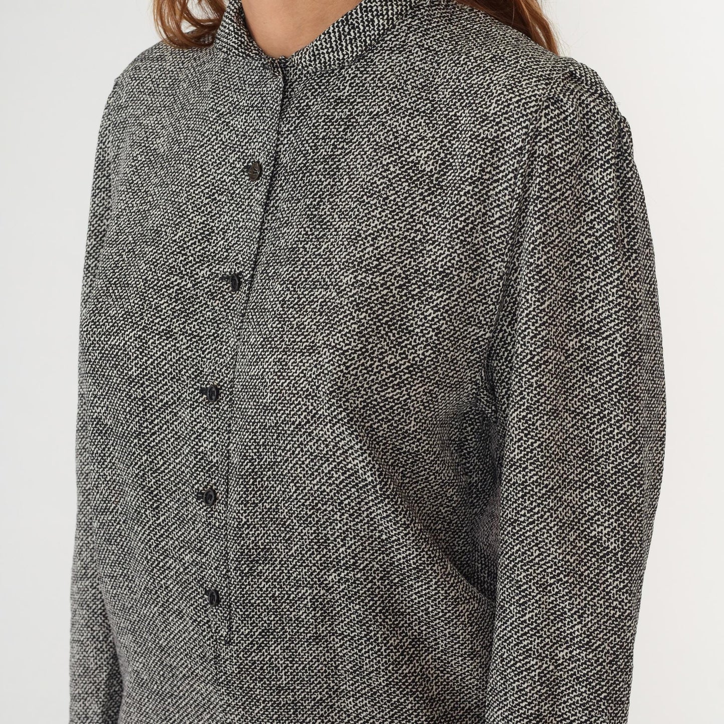 80s Claire Barrat Black White Tweed Shirt Dress Knee Length Collared Large