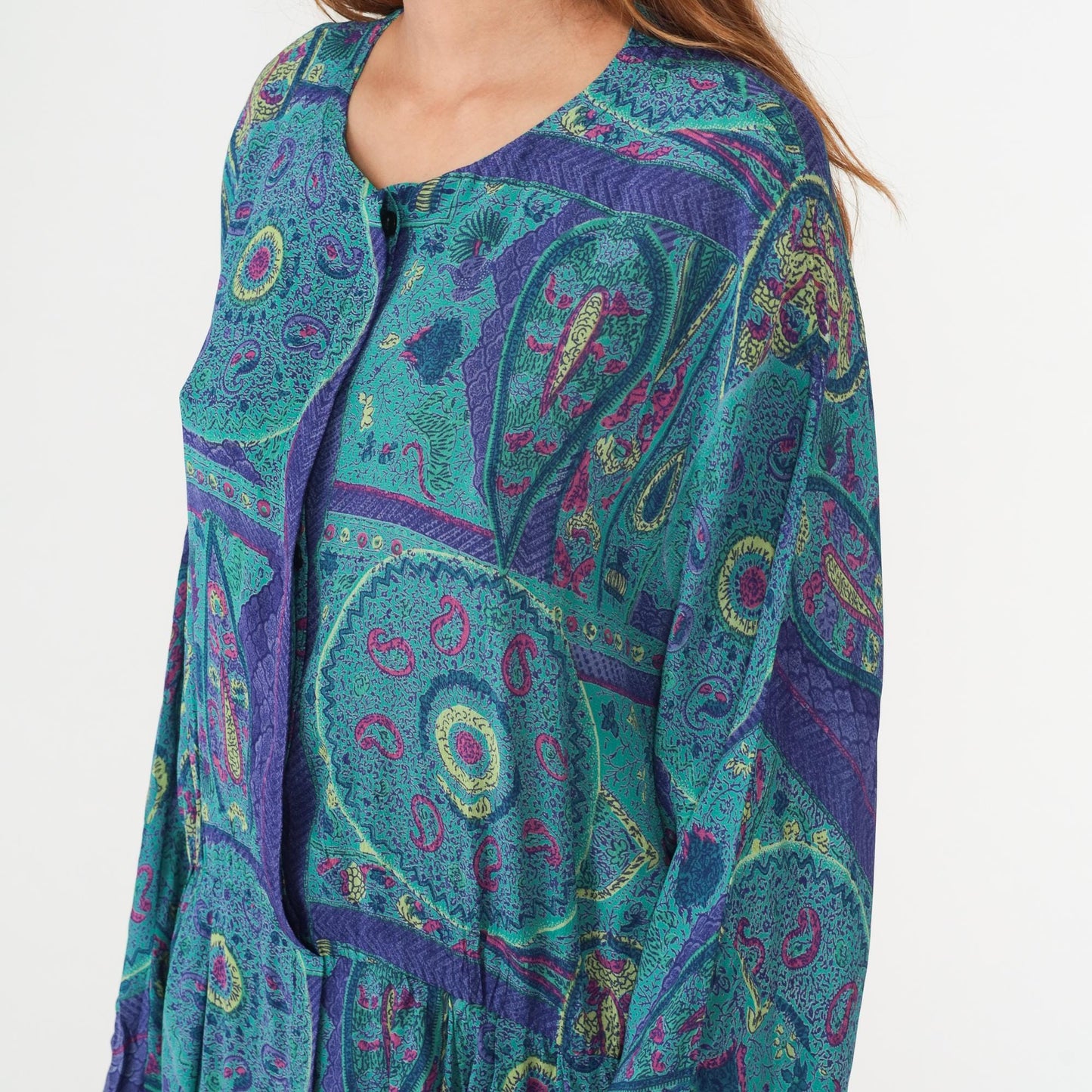 80s Paisley Maxi Dress Turquoise Purple Geometric Print Long Sleeve Extra Large