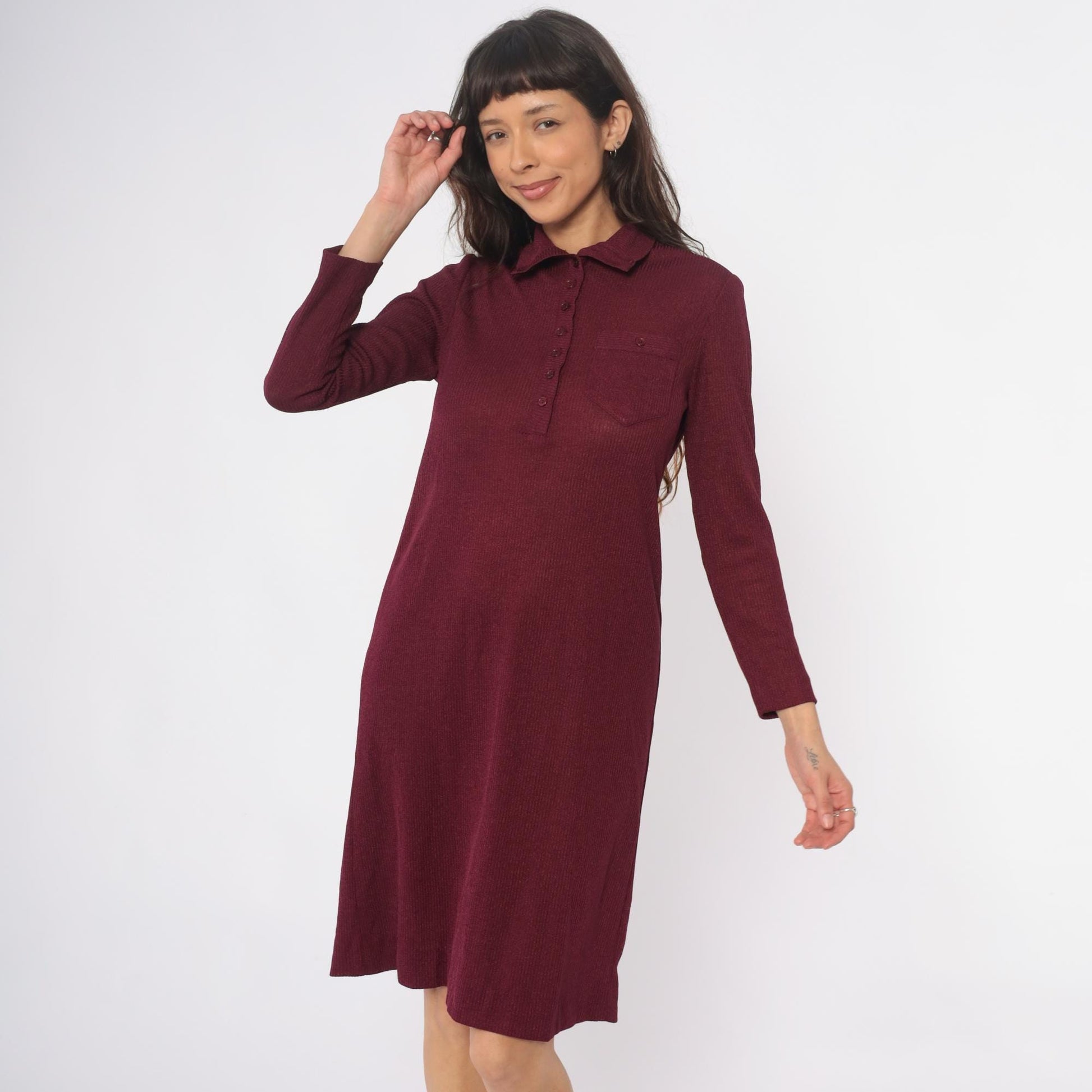 70s Burgundy Ribbed Knit Polo Dress Knee Length Collared Long Sleeve Medium