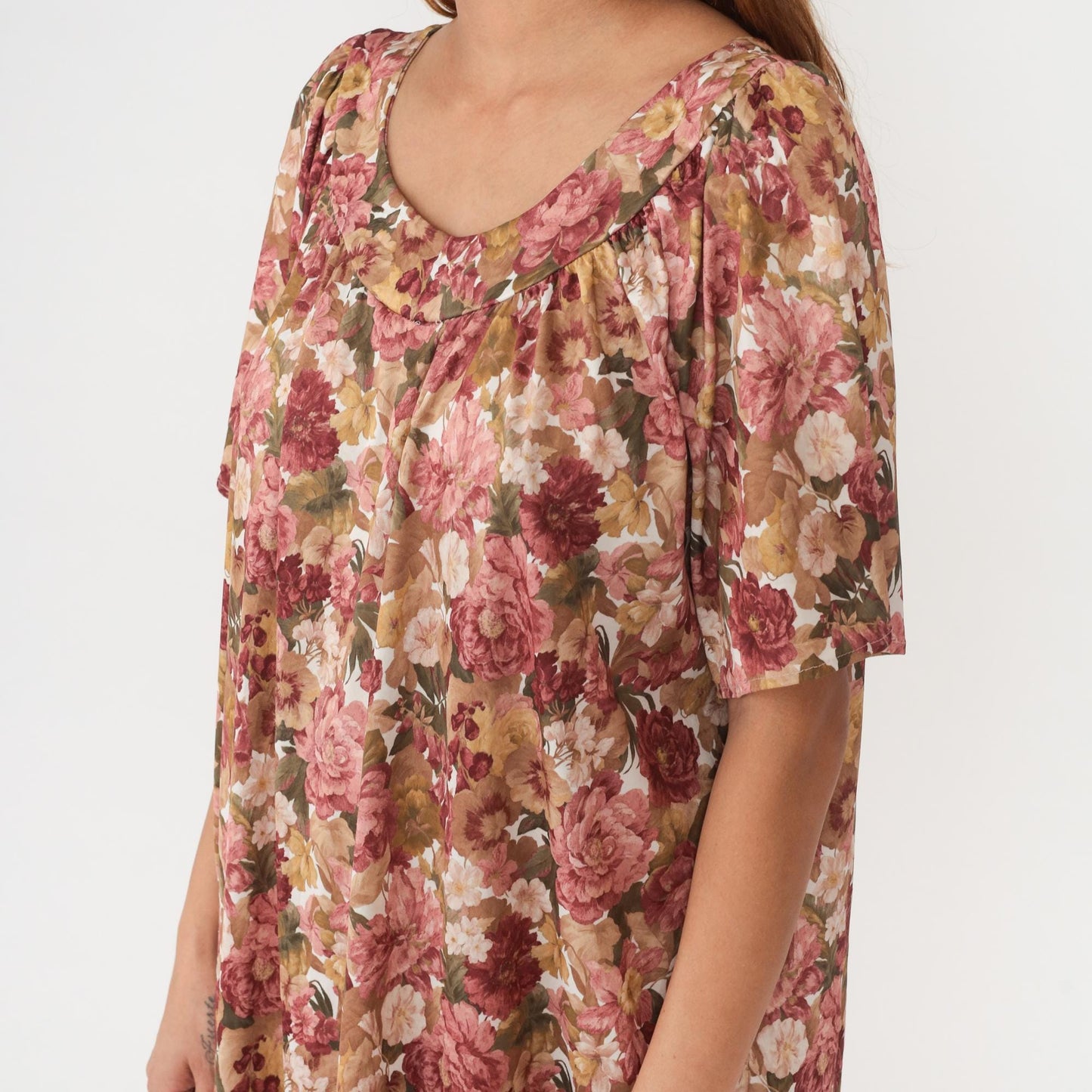 80s Floral Muumuu Dress Pink Burgundy Flutter Sleeve Scoop Neck Large