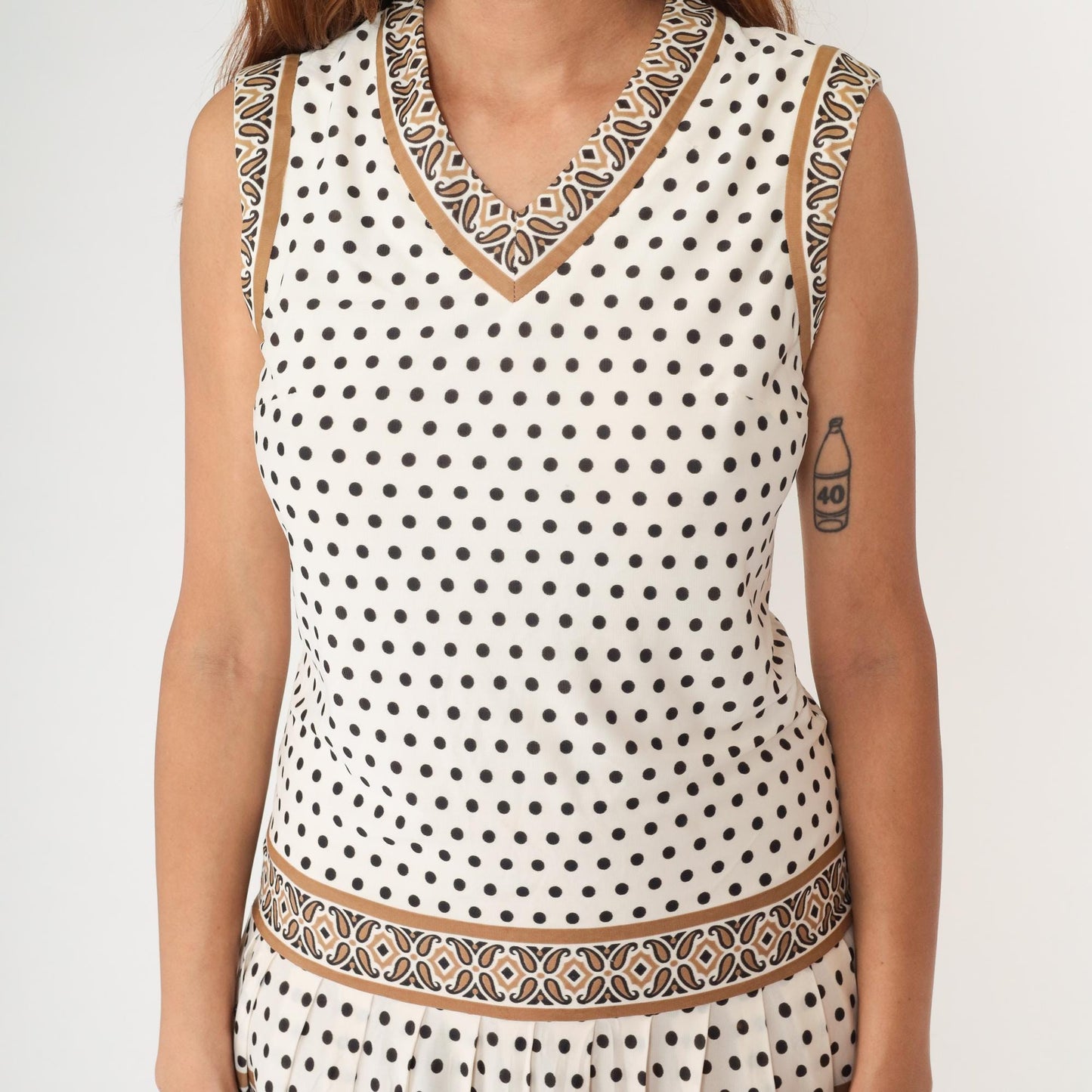 60s Sacony Ciella Drop Waist Shift Dress Cream Brown Polka Dot Small