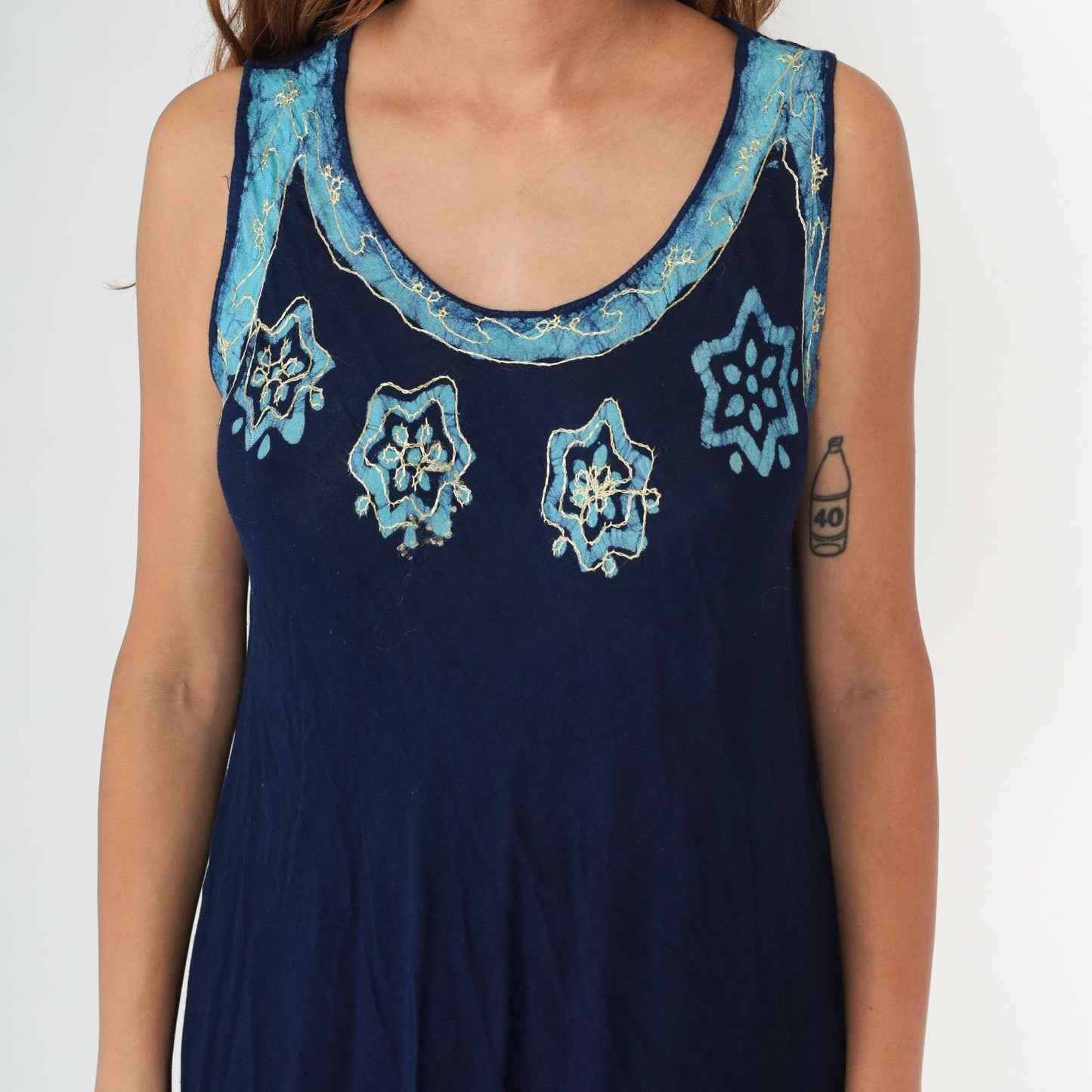 Y2K Navy Blue Floral Embroidered Tank Dress Asymmetrical Hem One Size