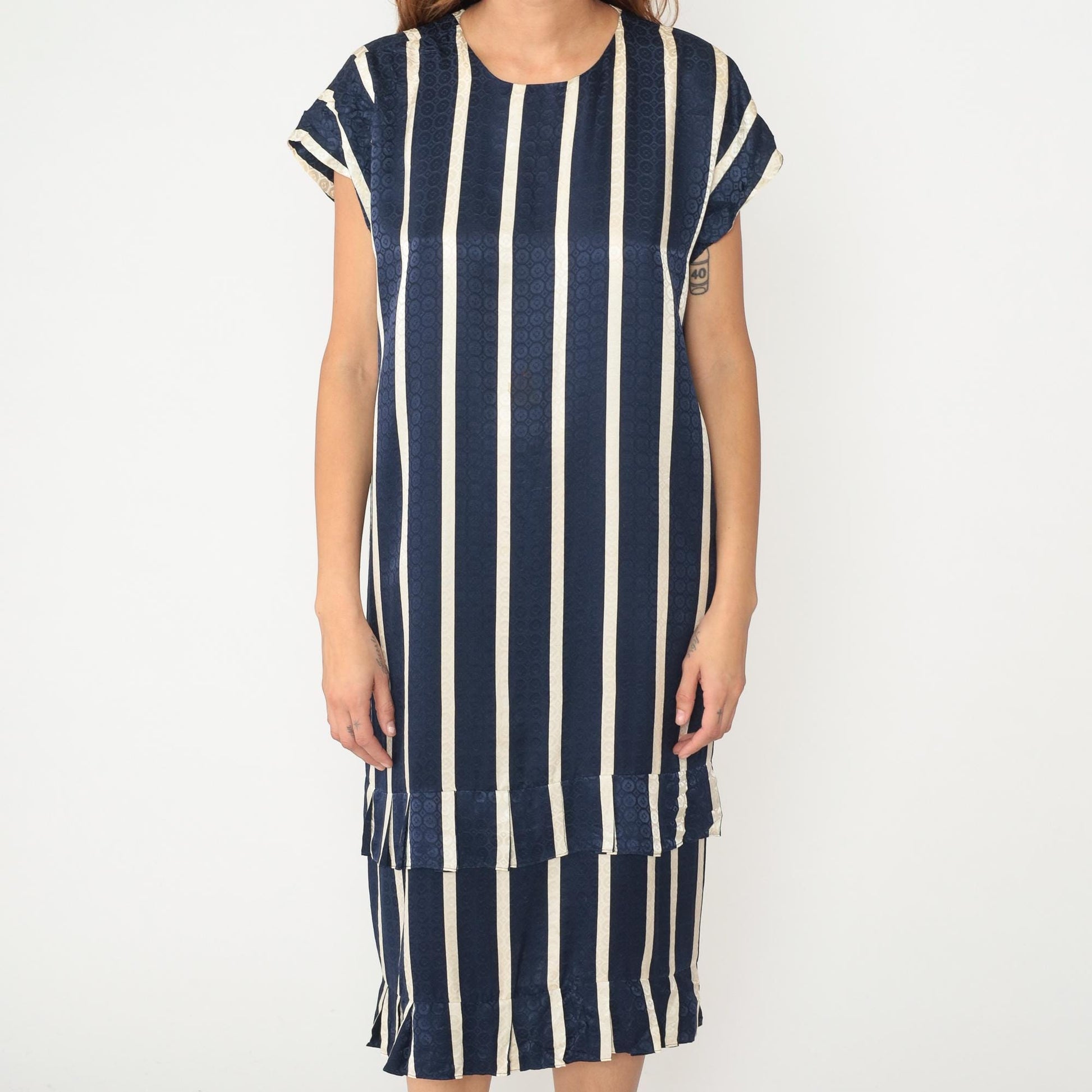 90s Maggy London Silk Striped Shift Dress Navy Cream Geometric Medium
