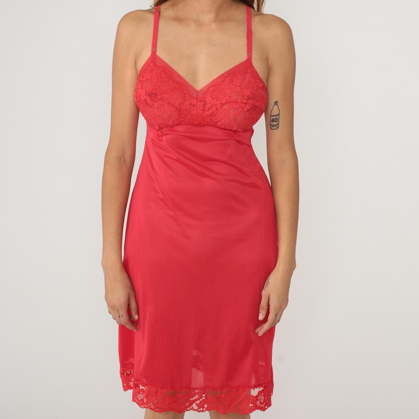 80s Warners Red Lace Slip Dress Knee Length Nylon Spaghetti Strap Medium