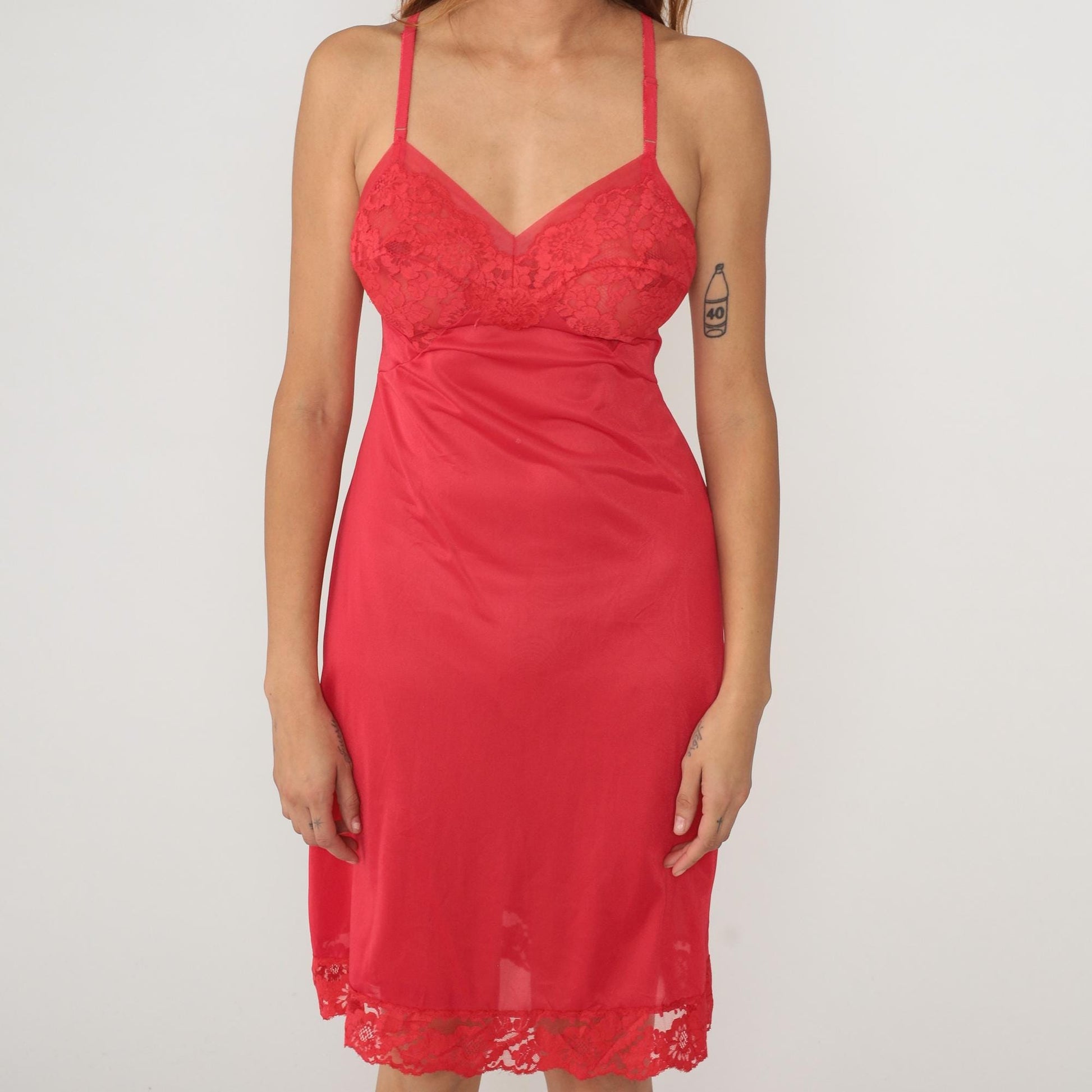 80s Warners Red Lace Slip Dress Knee Length Nylon Spaghetti Strap Medium