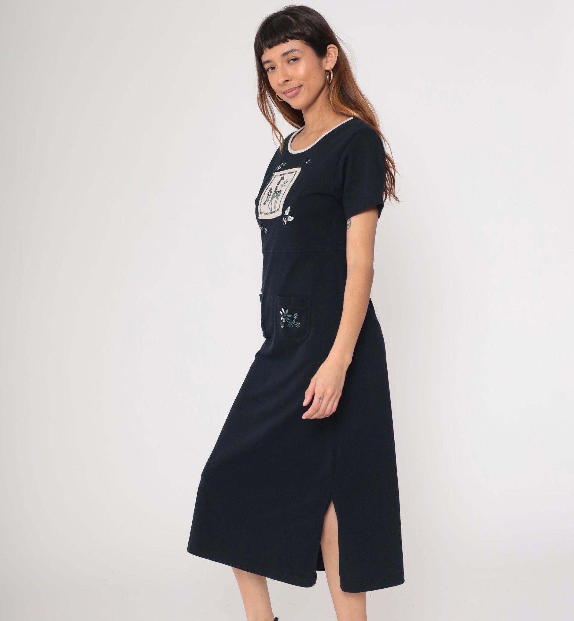 90s Black Cotton Giraffe Appliqué Midi Dress Embroidered Floral Medium M