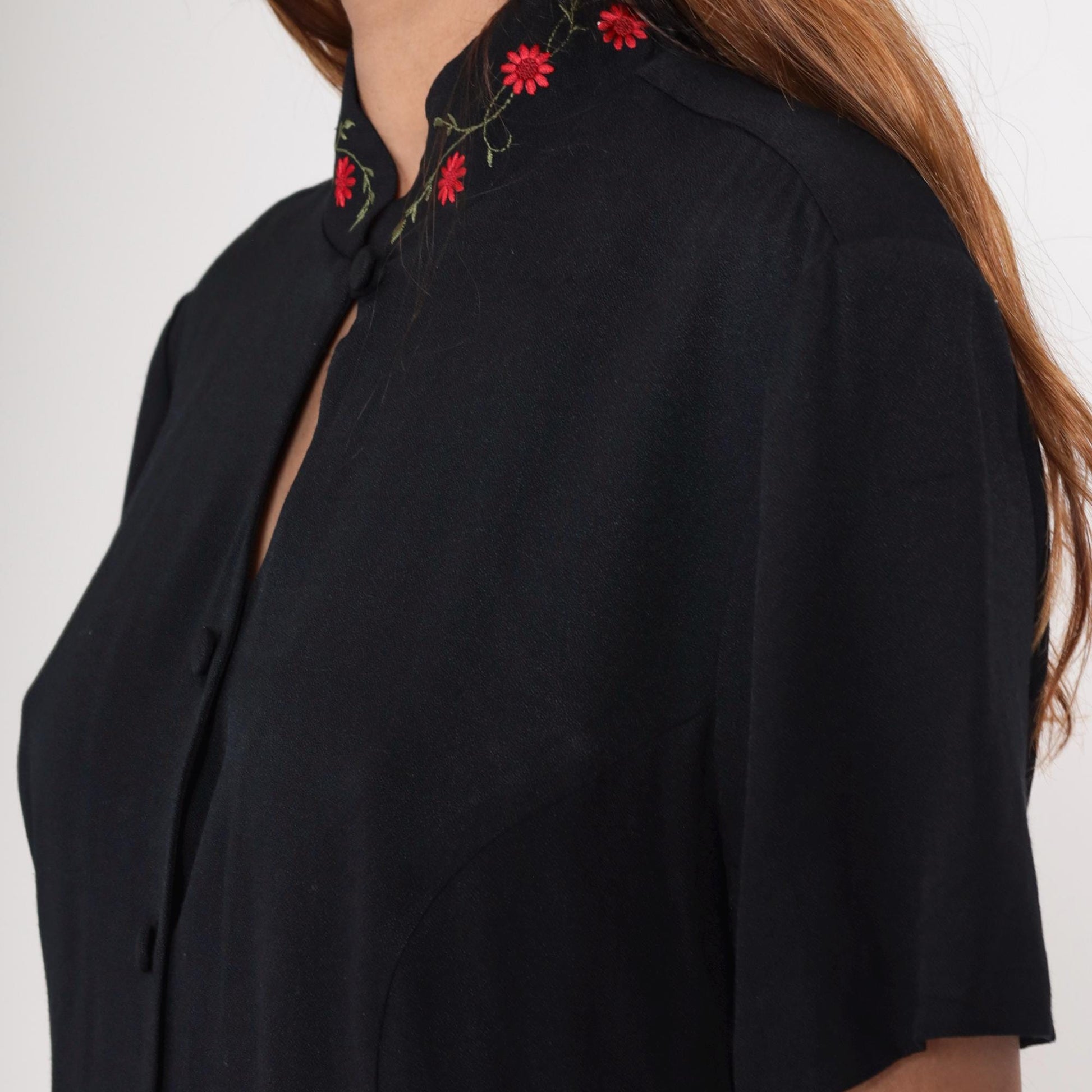 90s SL Fashions Black Midi Dress Mandarin Collar Embroidered Floral Keyhole Large L