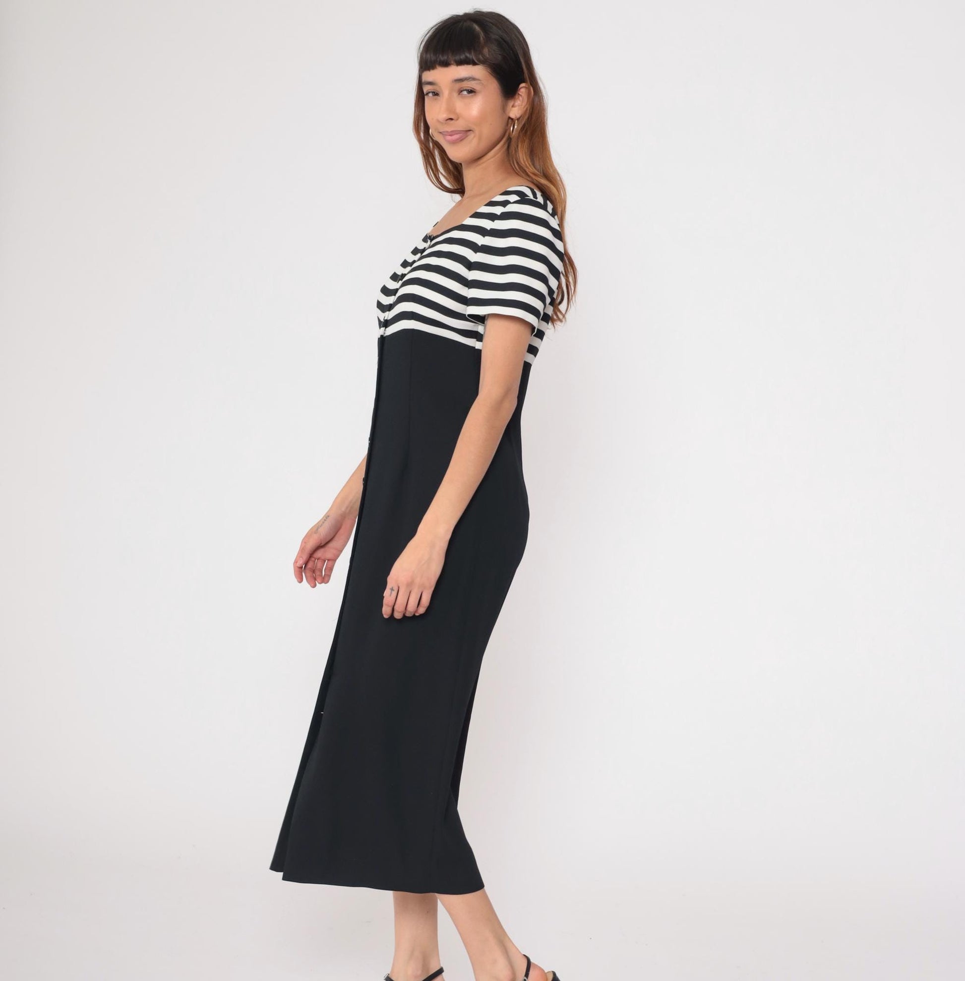 90s Liz Claiborne Striped Midi Dress Black White Button Front Medium