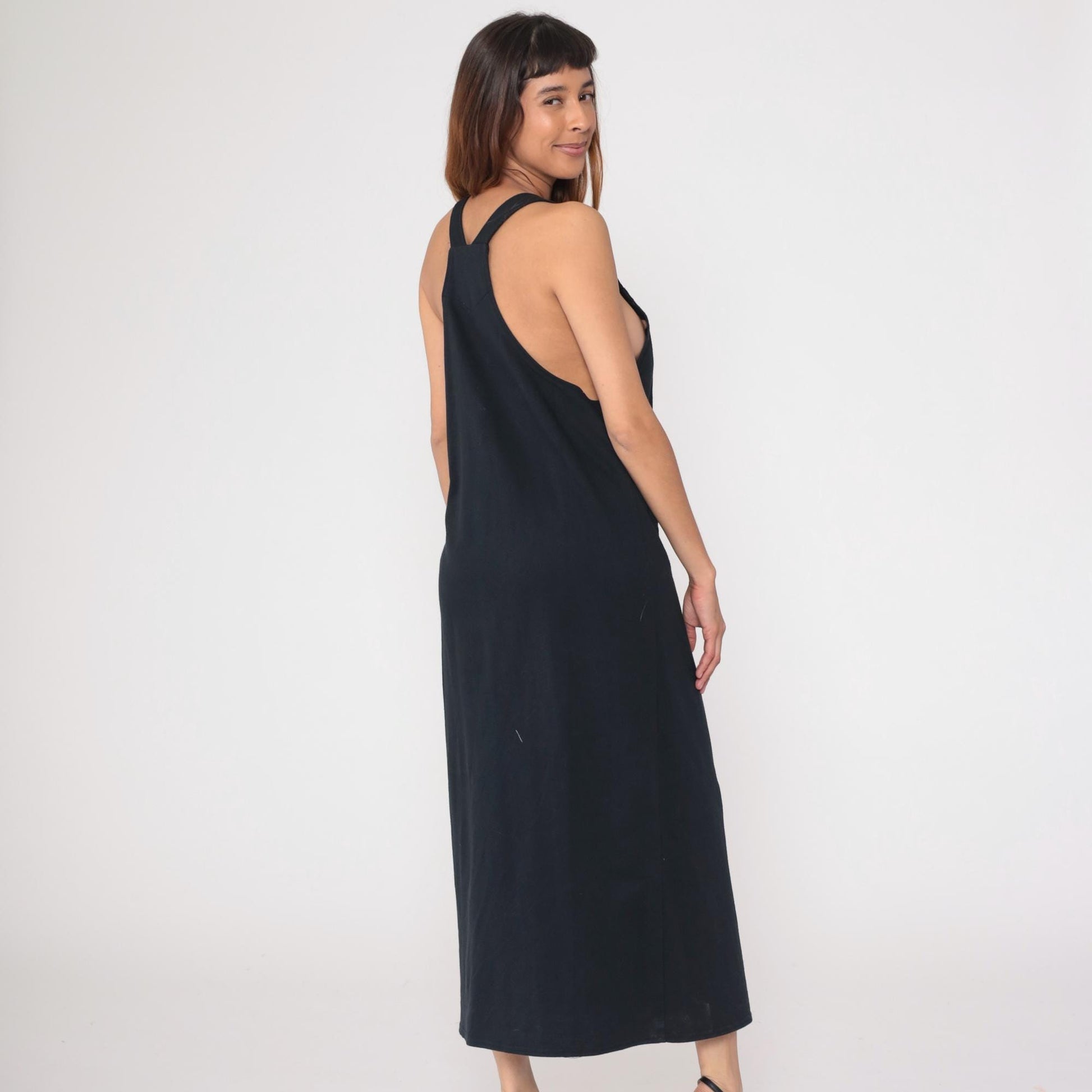 90s California Concepts Black Maxi Dress Stick Figure Embroidery Square Neck Medium Large
