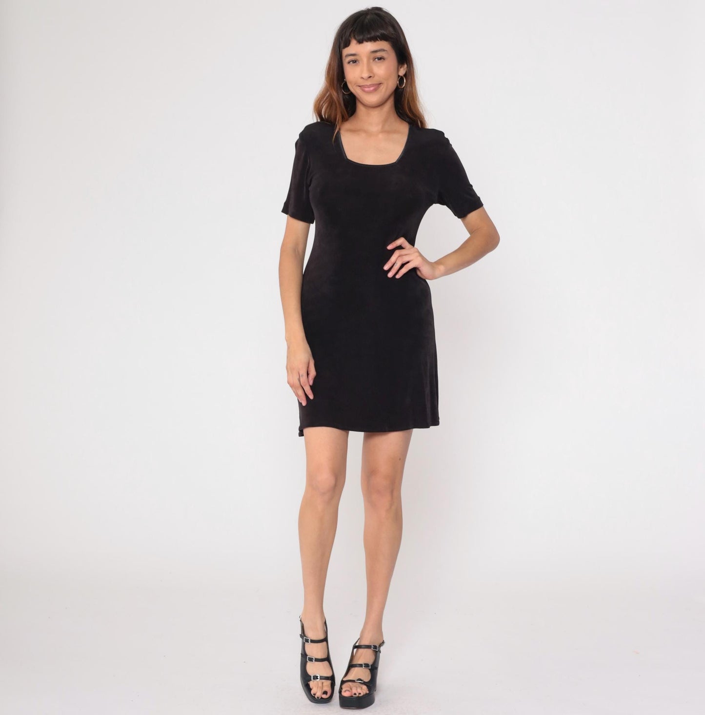 90s Black Mini Dress Rabbit Rabbit Rabbit Scoop Neckline Short Sleeve Medium