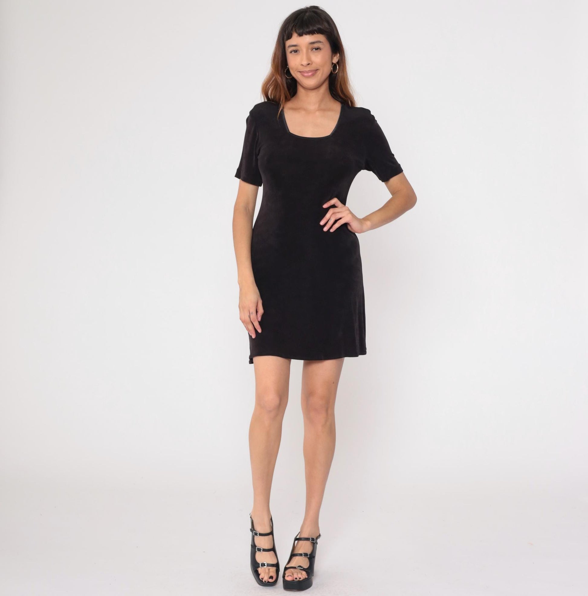 90s Black Mini Dress Rabbit Rabbit Rabbit Scoop Neckline Short Sleeve Medium