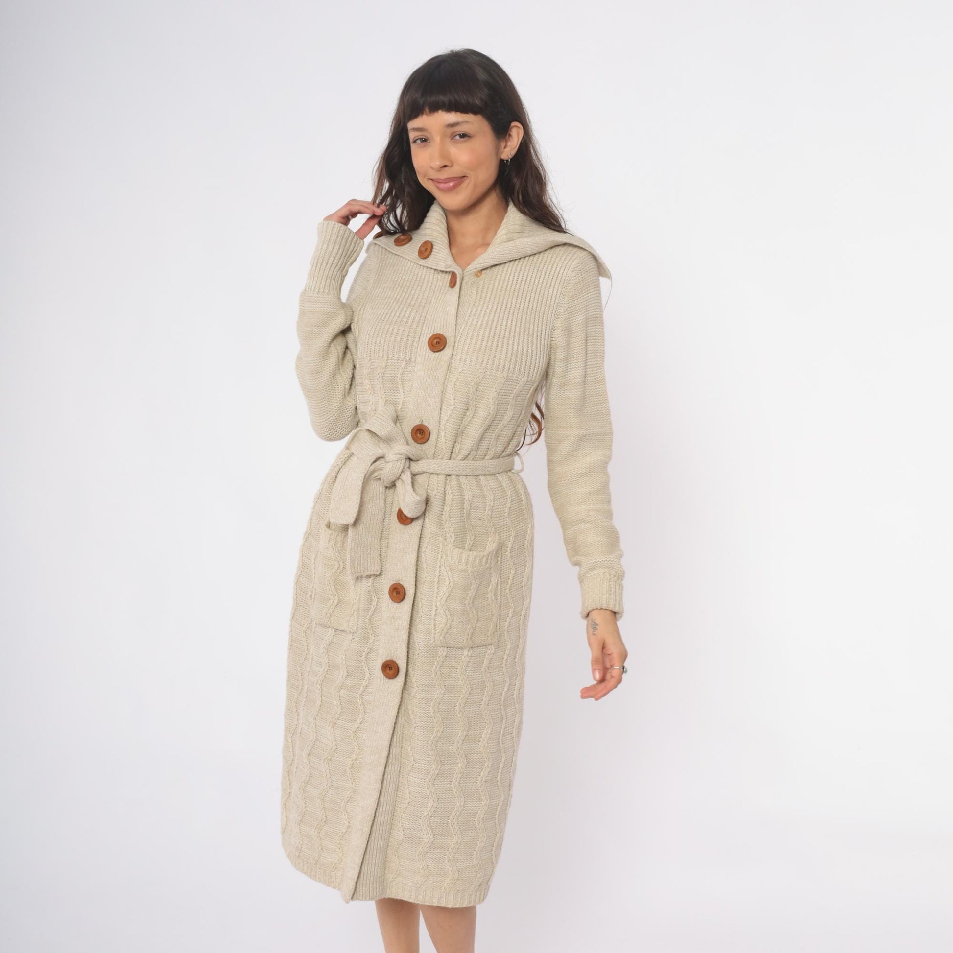 70s Dawn International Cable Knit Cardigan Cream Shawl Collar Duster Small