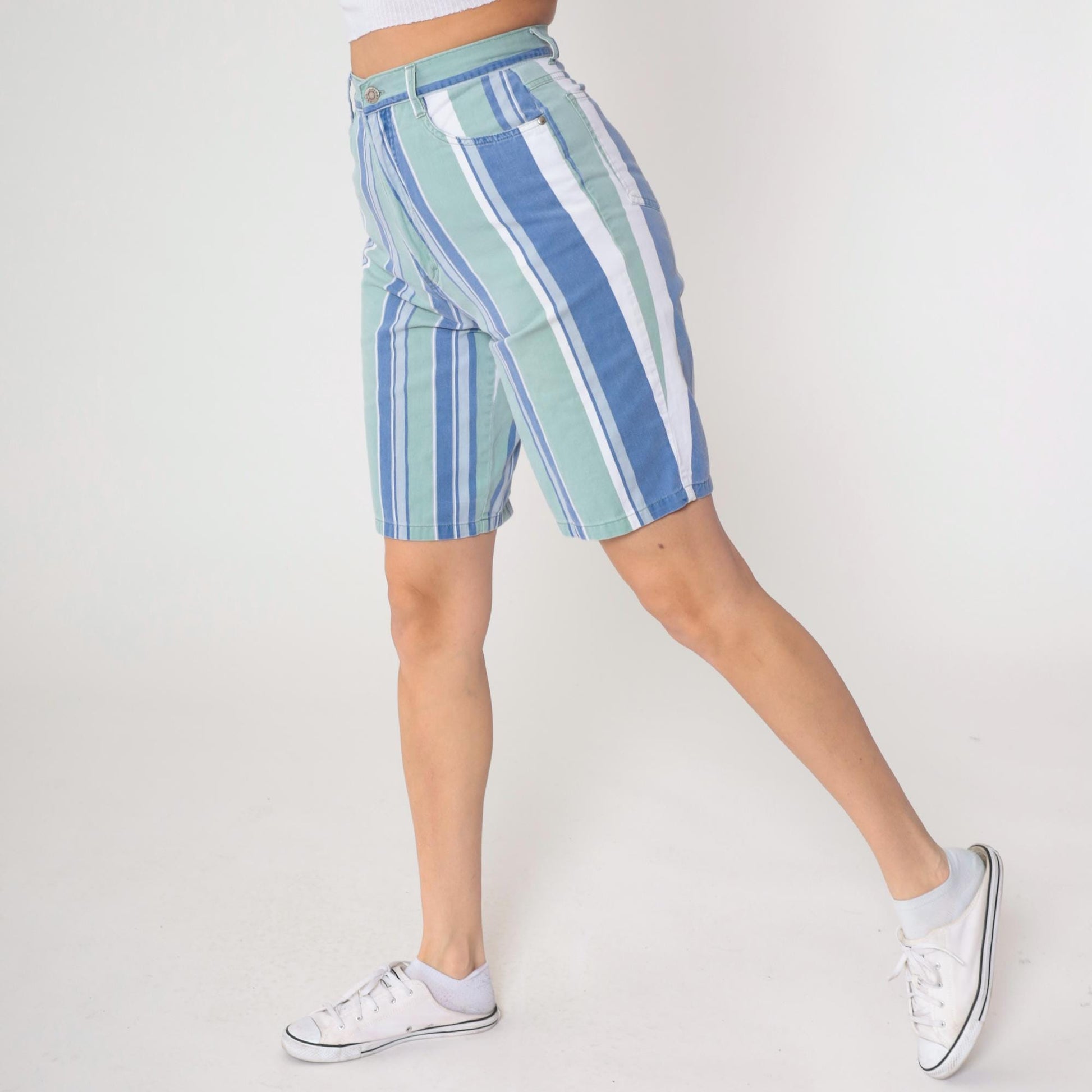 Y2K Anchor Blue Striped Bermuda Shorts High Waist Cotton Small S