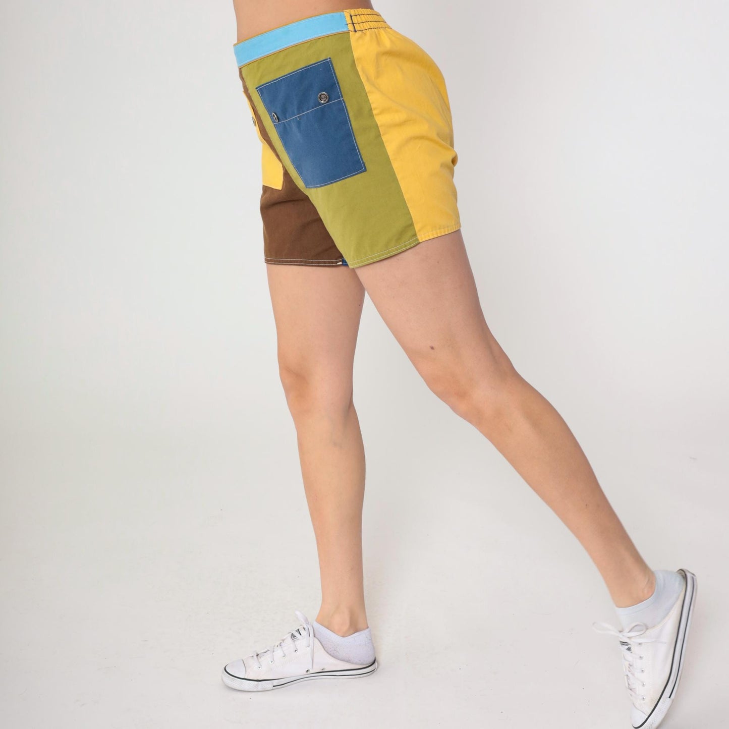80s Colorblock Shorts Yellow Navy Brown Chartreuse High Waist Cotton Medium