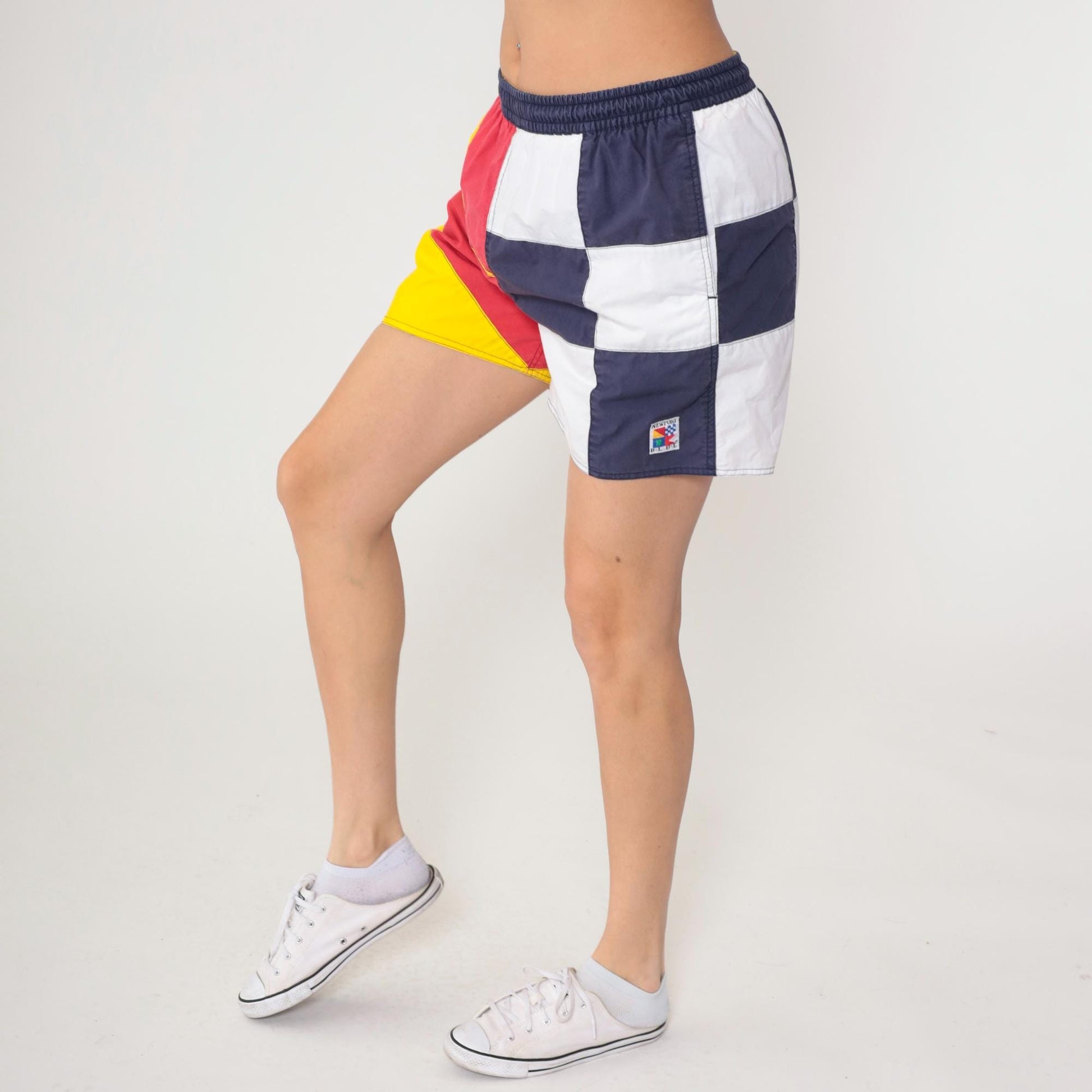 90s Newport Blue Colorblock Swim Shorts Navy White Red Yellow Medium Large