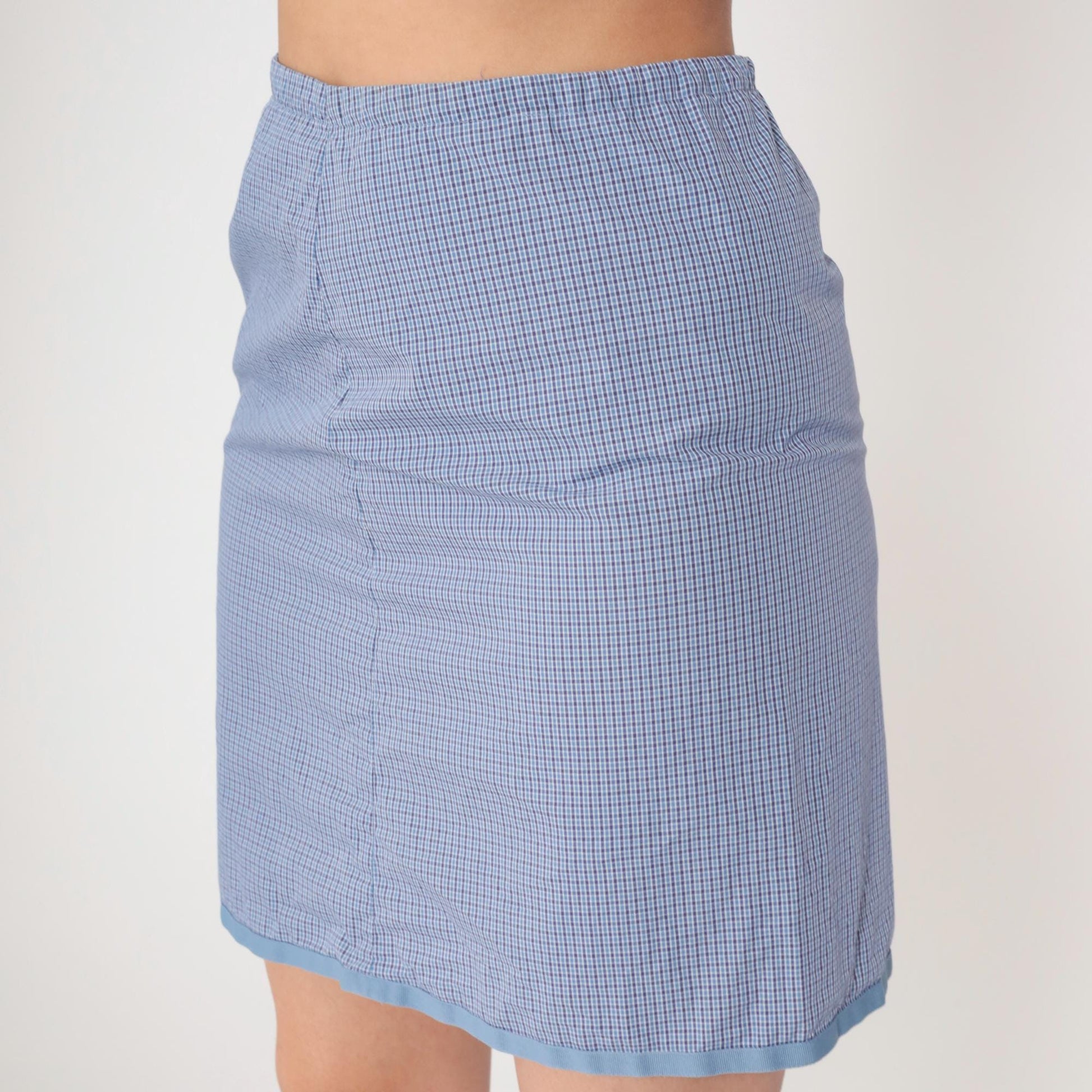 90s Horny Toad Gingham Mini Skirt Blue White Cotton Elastic Medium M