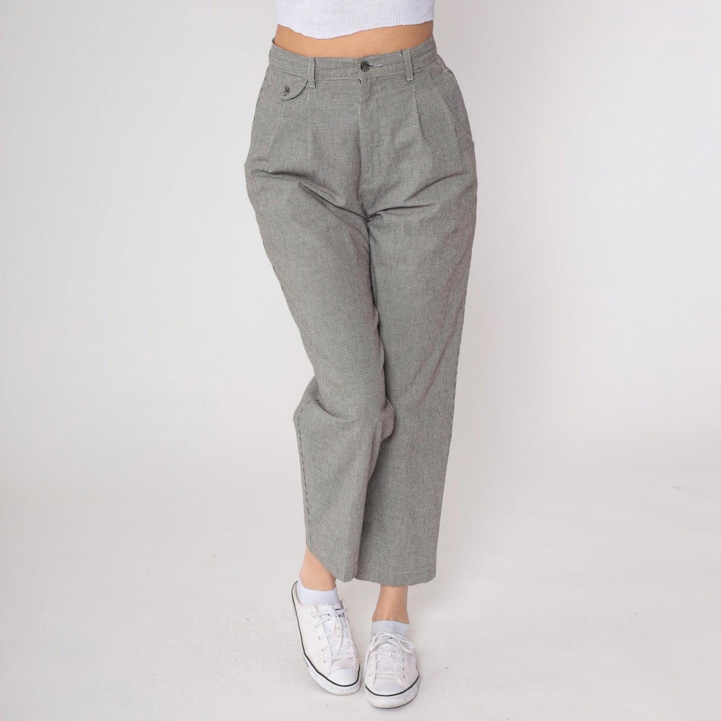 80s Lee Casuals Gray Houndstooth High Waist Tapered Ankle Trousers 29