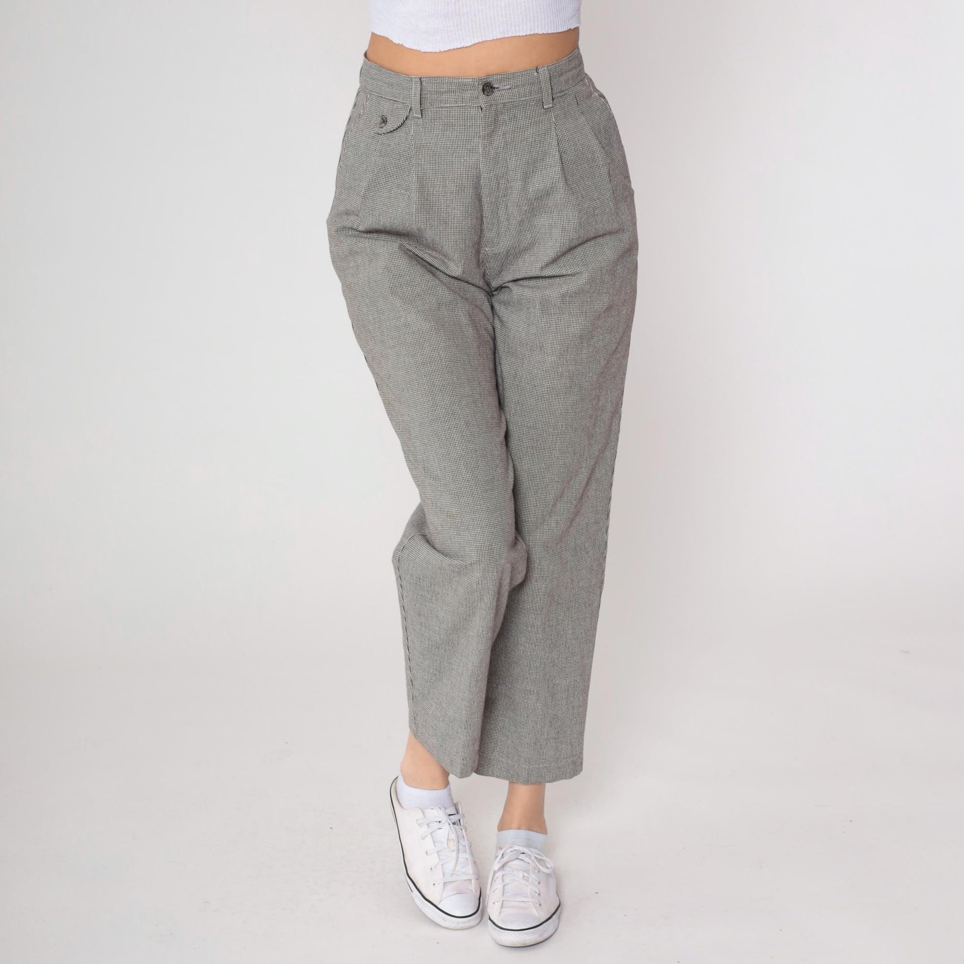 80s Lee Casuals Gray Houndstooth High Waist Tapered Ankle Trousers 29