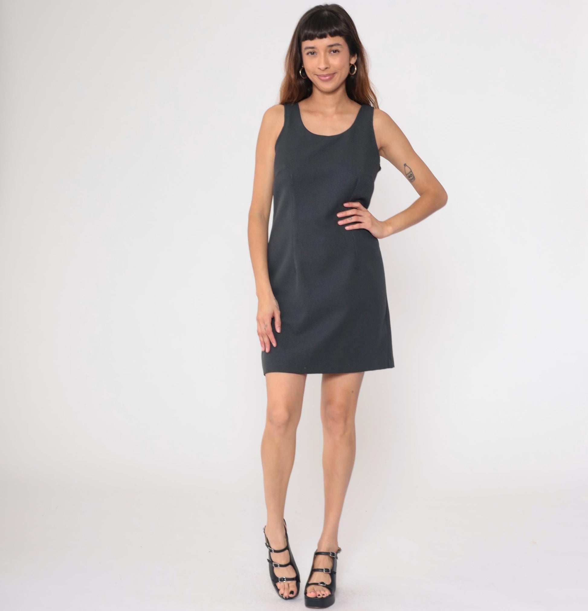 90s Houndstooth Shift Dress Black Grey Scoop Neck Sleeveless Medium