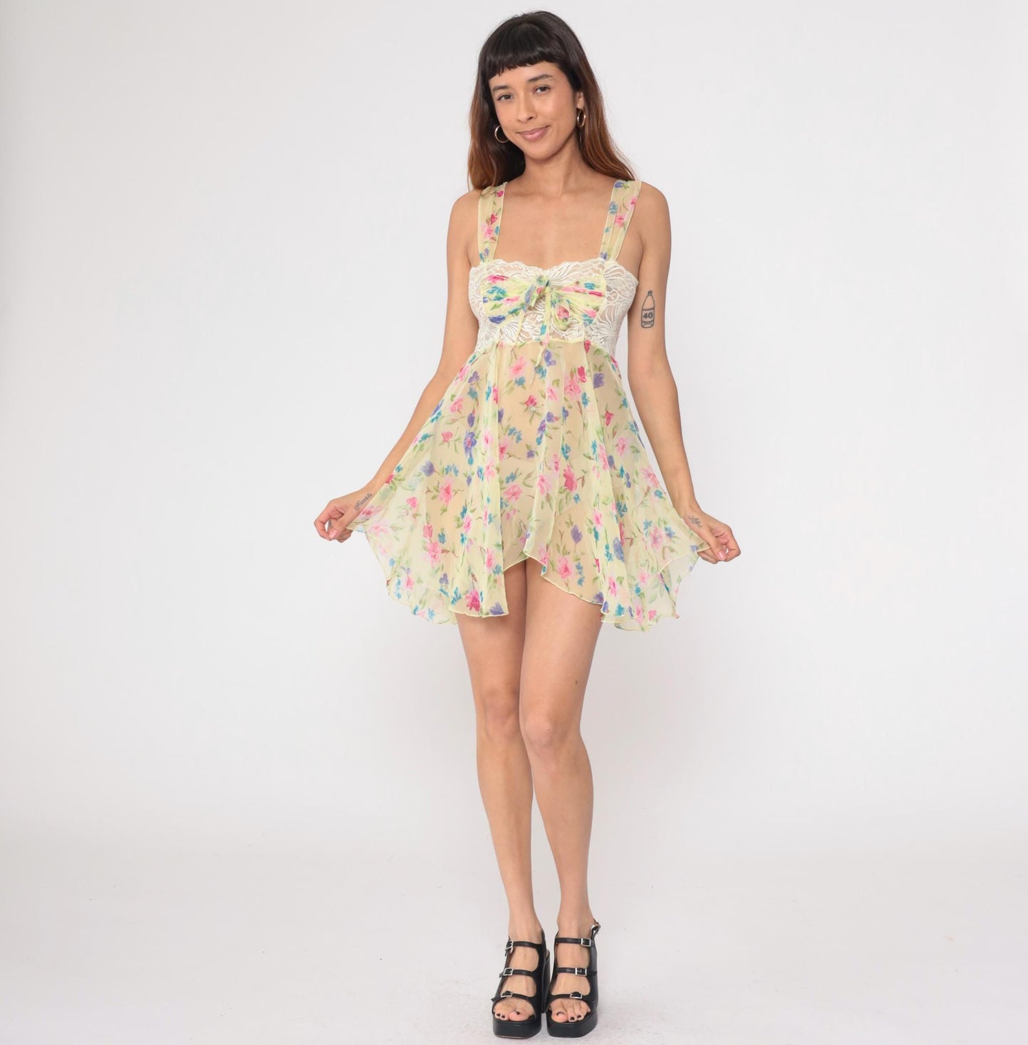 Y2K Victoria's Secret Floral Babydoll Mini Dress Pastel Lace Bow Small