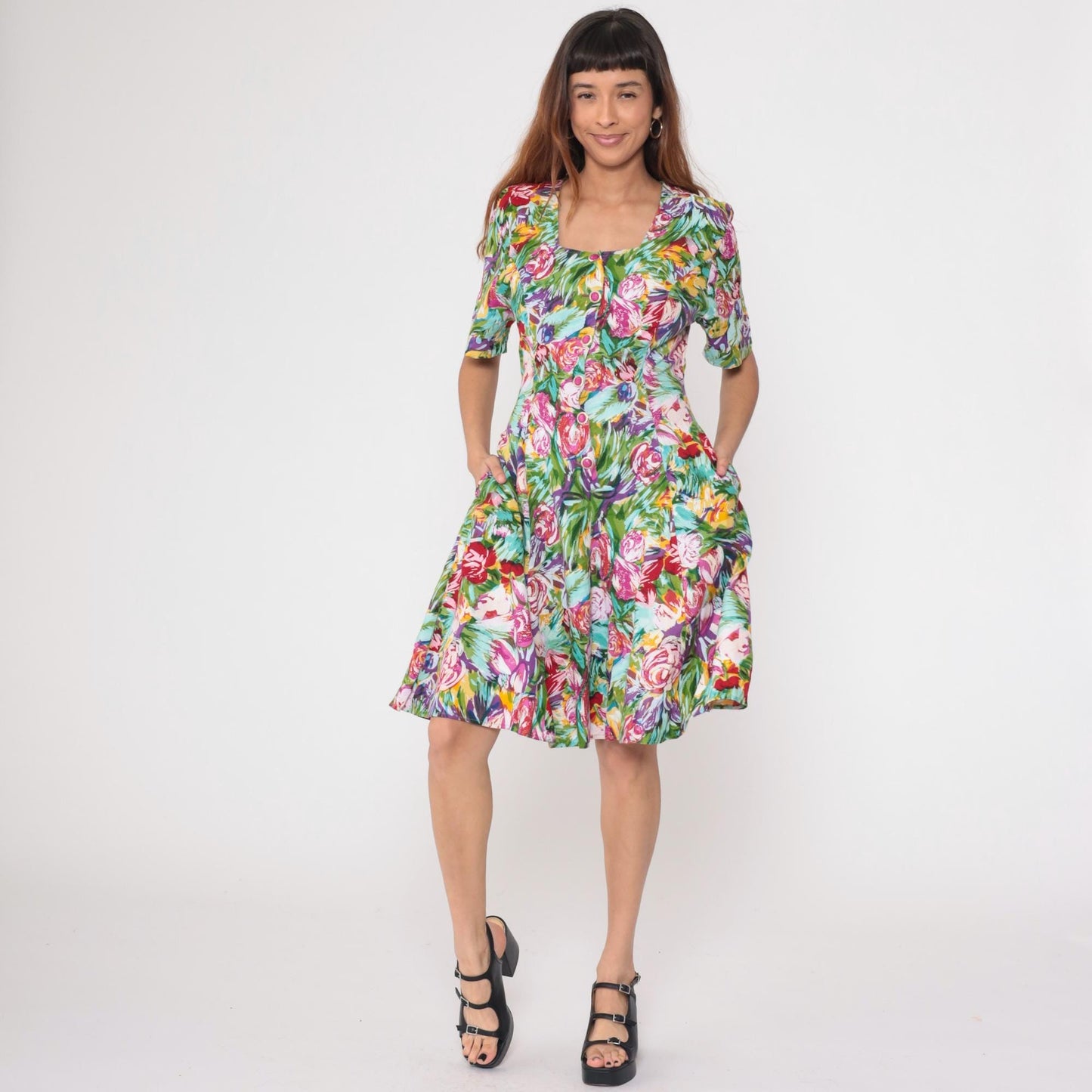 90s Floral Sundress Puff Sleeve Multicolor Watercolor Button Front Medium