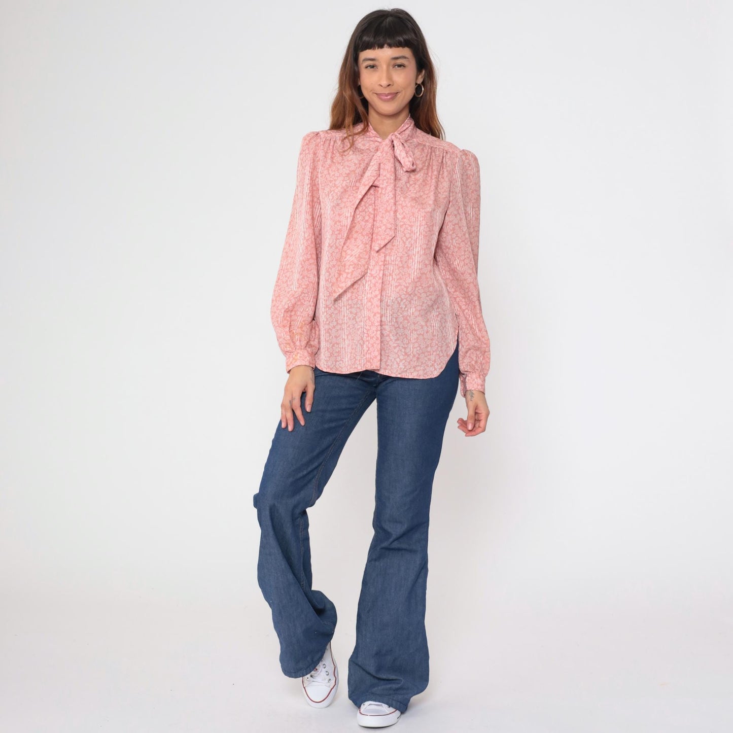 80s Evan Picone Pink Floral Bow Blouse Long Sleeve Medium M