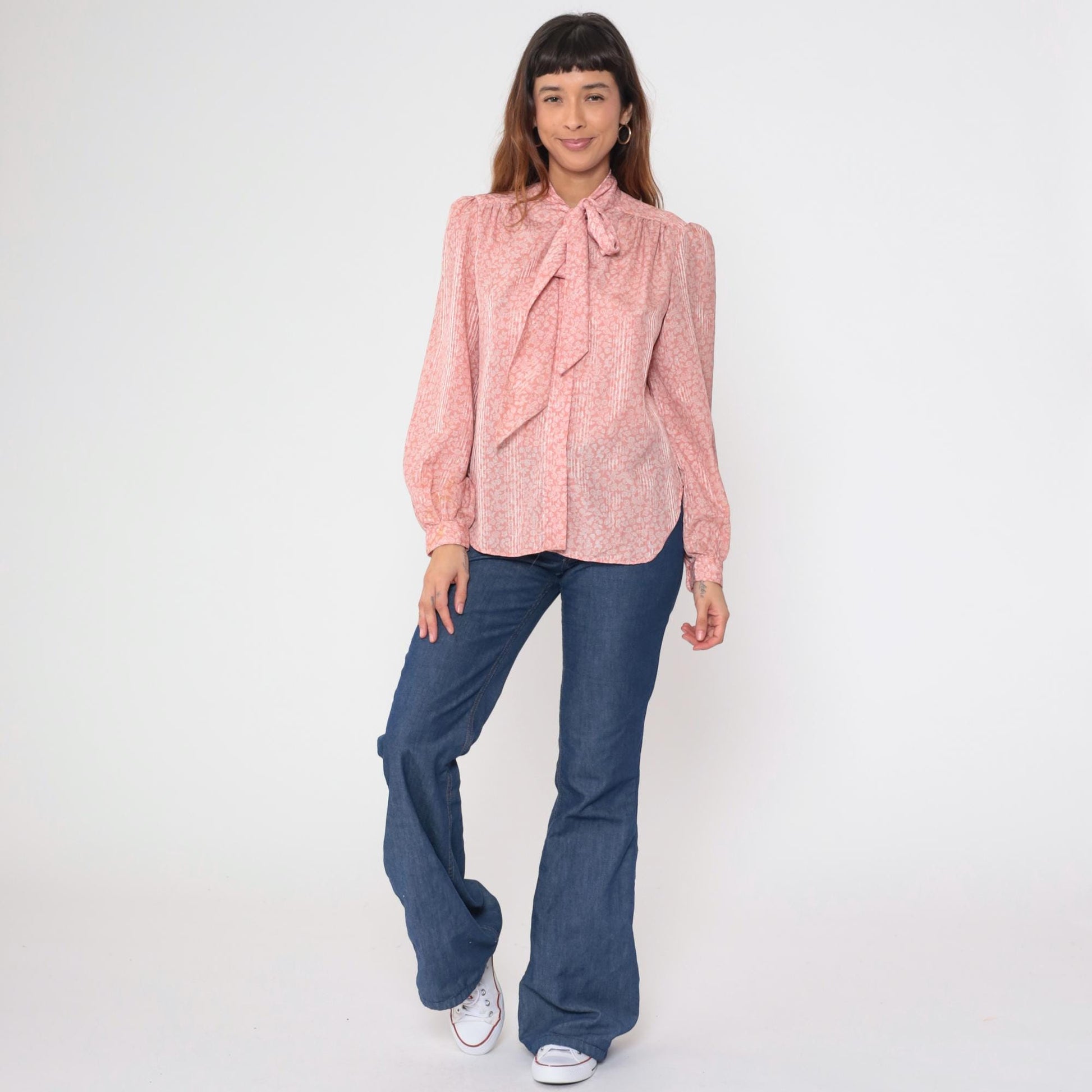 80s Evan Picone Pink Floral Bow Blouse Long Sleeve Medium M