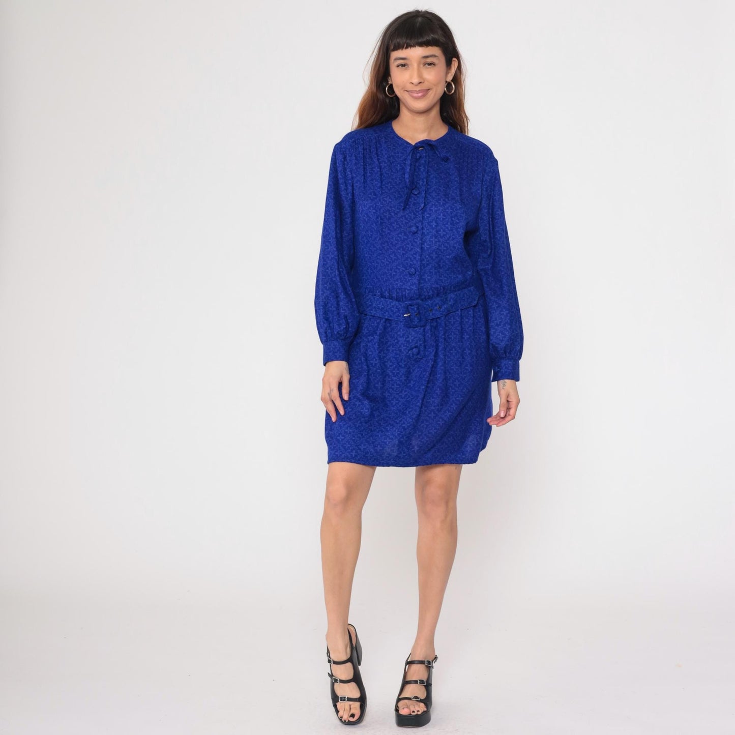 90s Royal Blue Tie Neck Shirt Dress Belted Waist Long Sleeve Medium