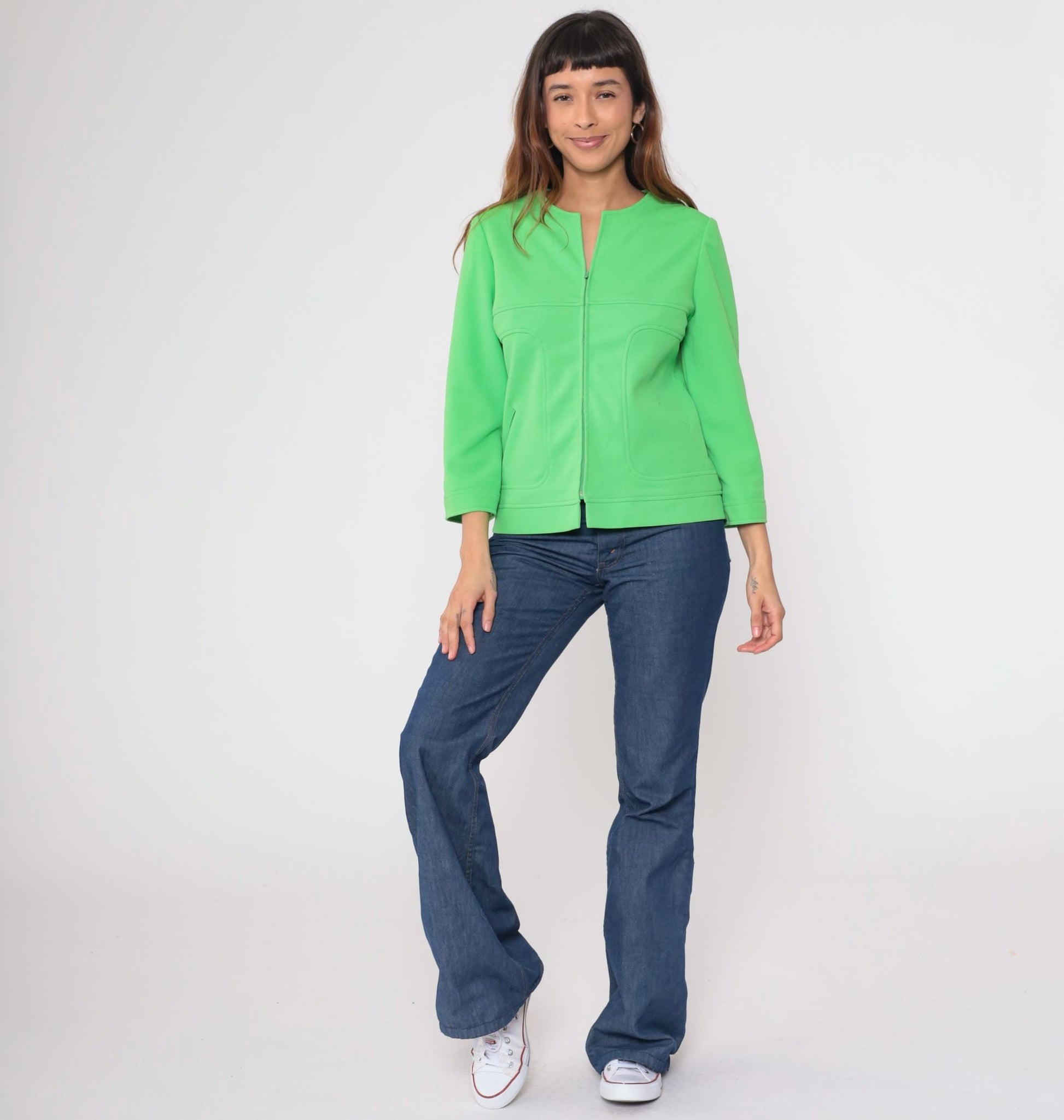 70s Lime Green Zip-Front Jacket Collarless Mod Blazer Medium M