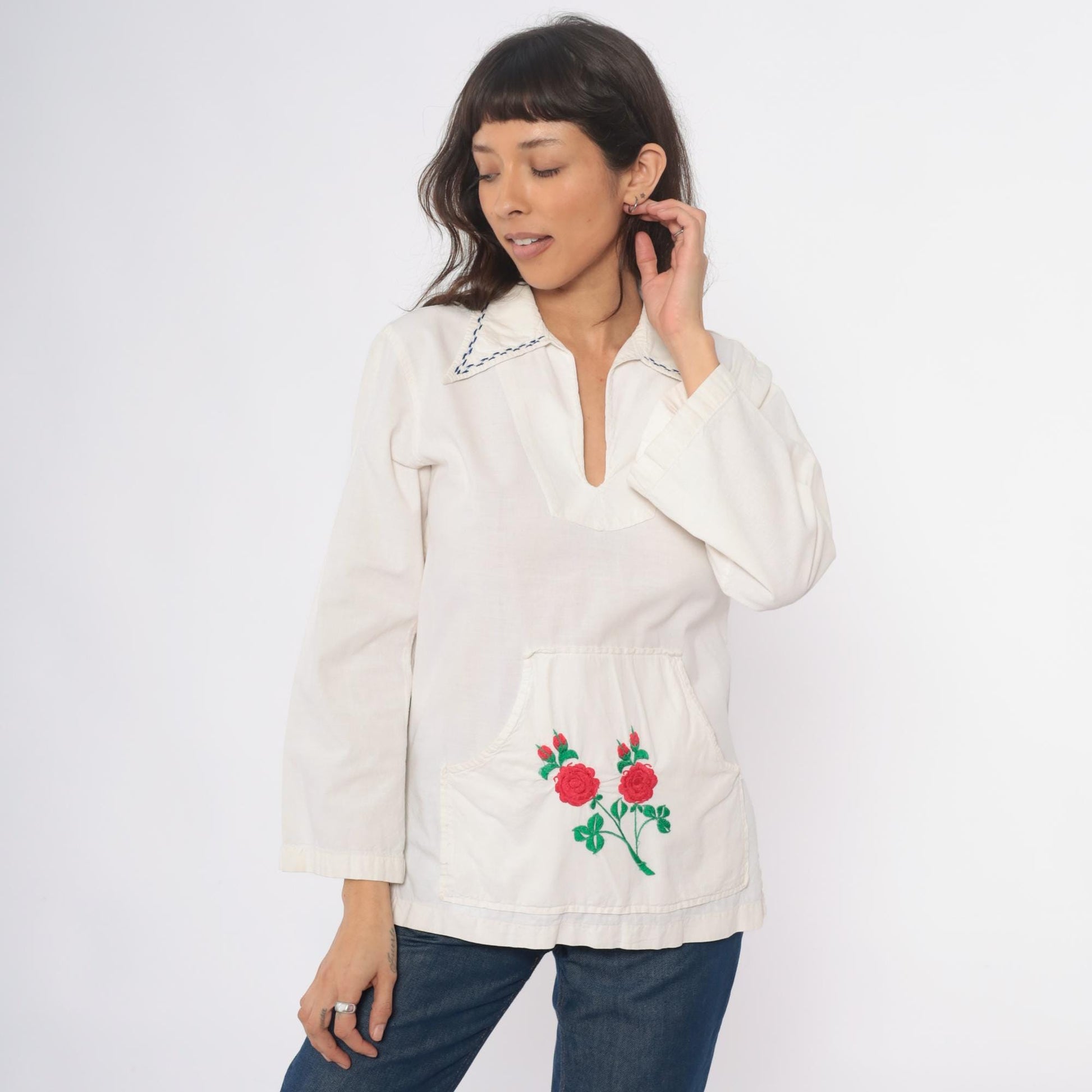 70s Cream Embroidered Rose Tunic Cotton Peasant Blouse Medium M