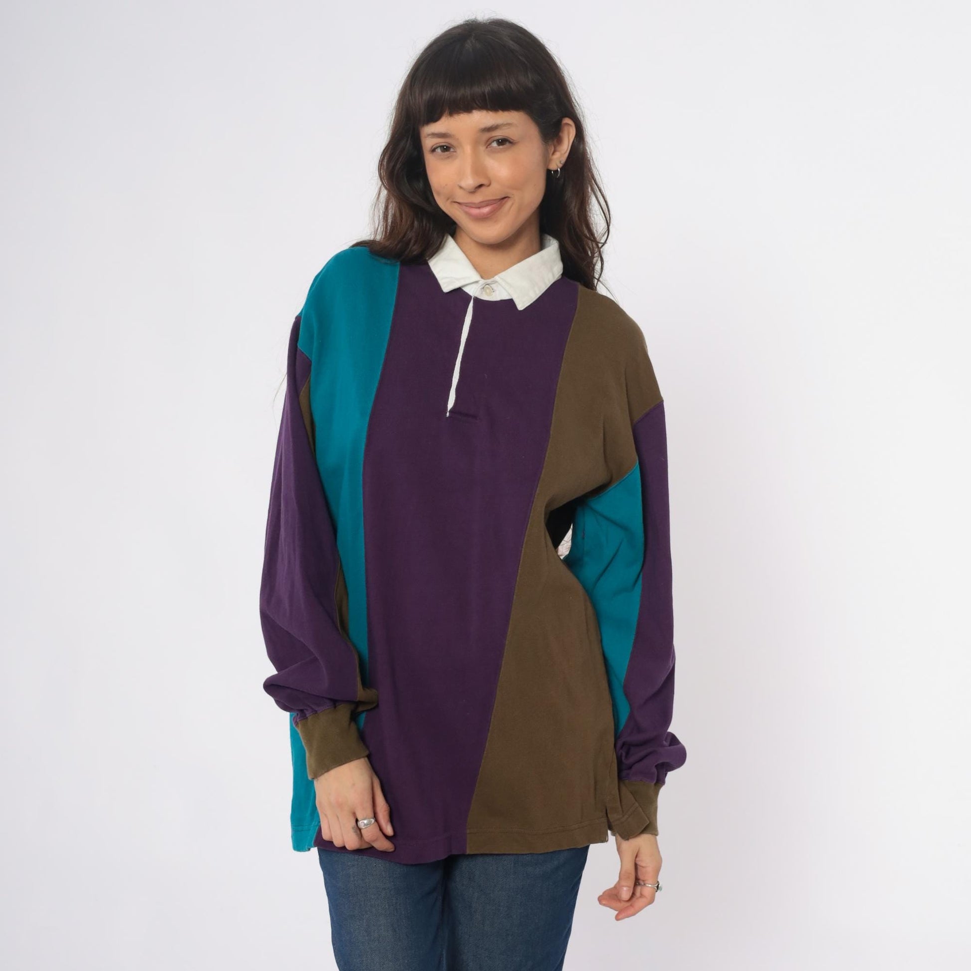 90s Cambridge Classics Rugby Polo Purple Teal Olive Colour Block Cotton Large