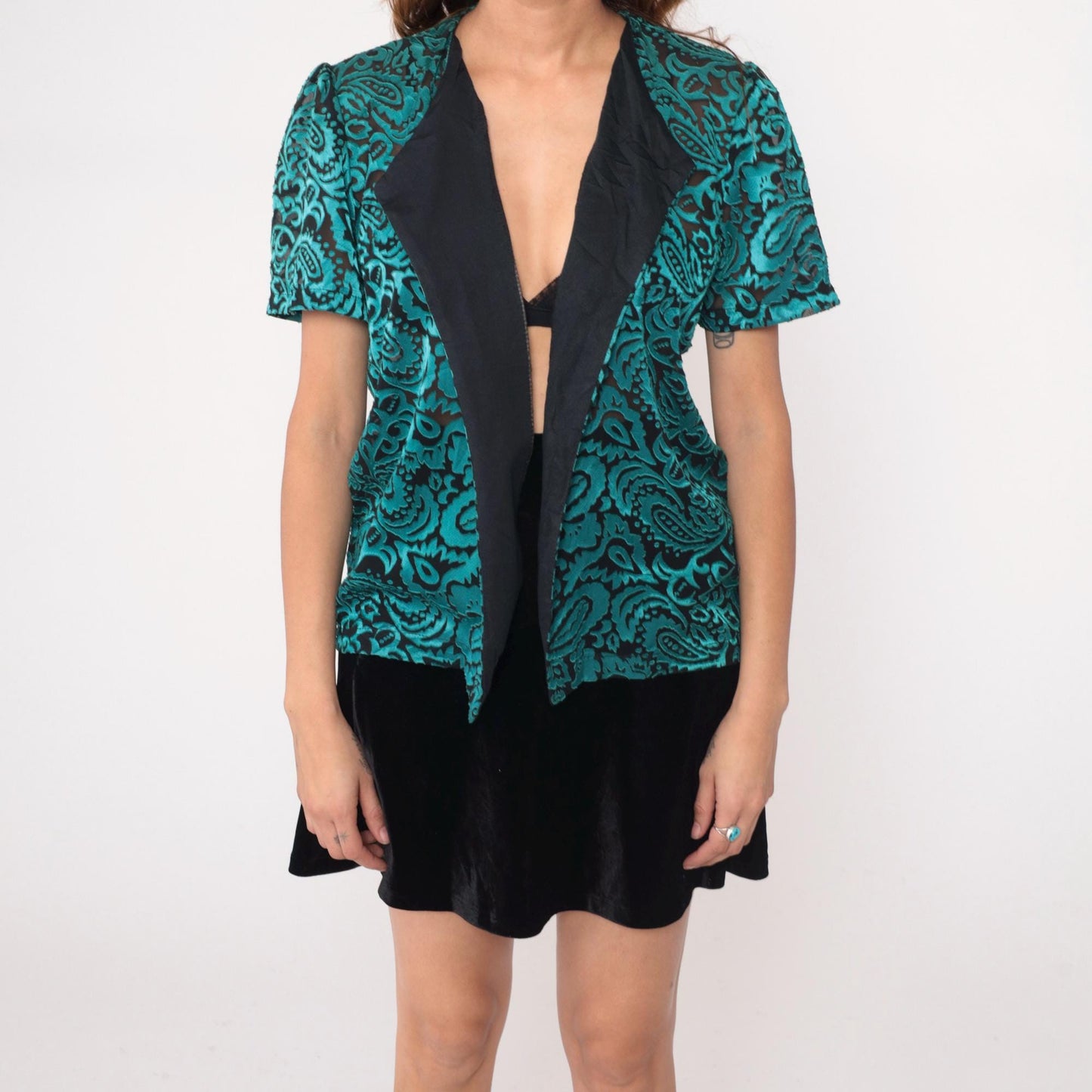 90s Turquoise Paisley Velvet Cardigan Black Trim Short Sleeve Open Front Medium M