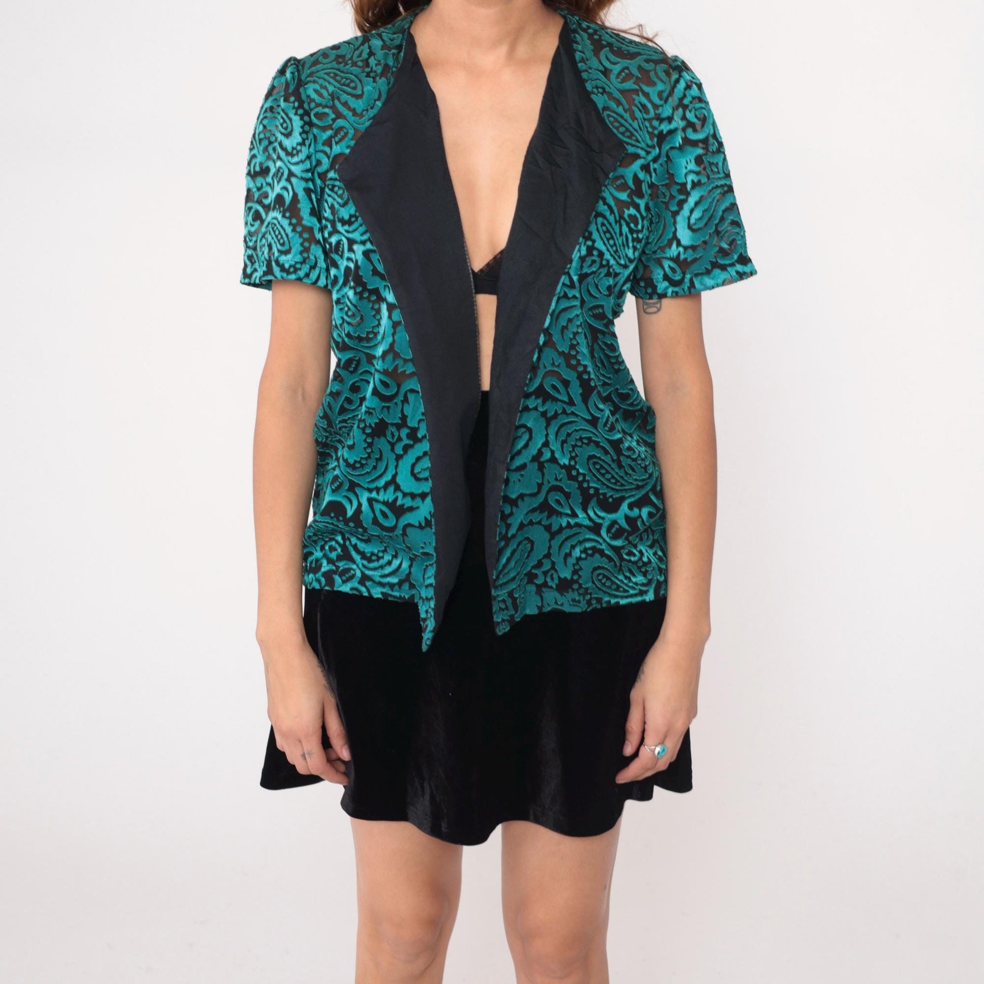 90s Turquoise Paisley Velvet Cardigan Black Trim Short Sleeve Open Front Medium M