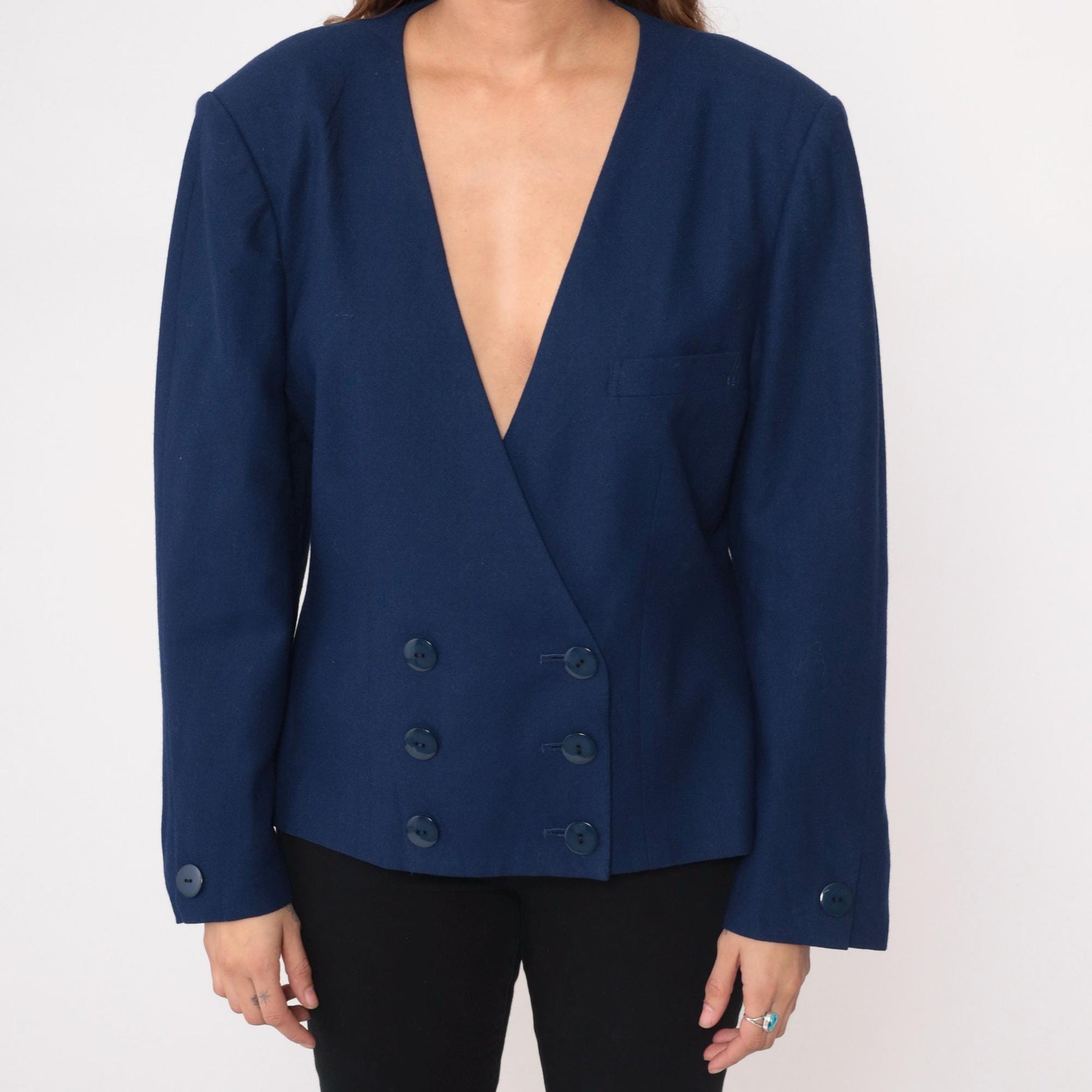 80s Saks Fifth Avenue Navy Wool Blazer Double Breasted Cropped Jacket Large L