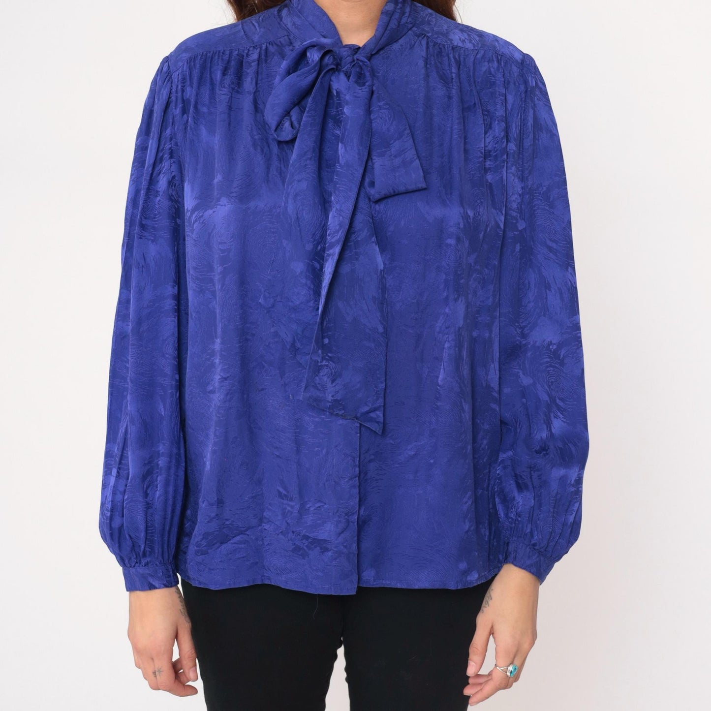 90s Argenti Royal Blue Silk Blouse Pussy Bow Tie Neck Gathered Shoulders Large L