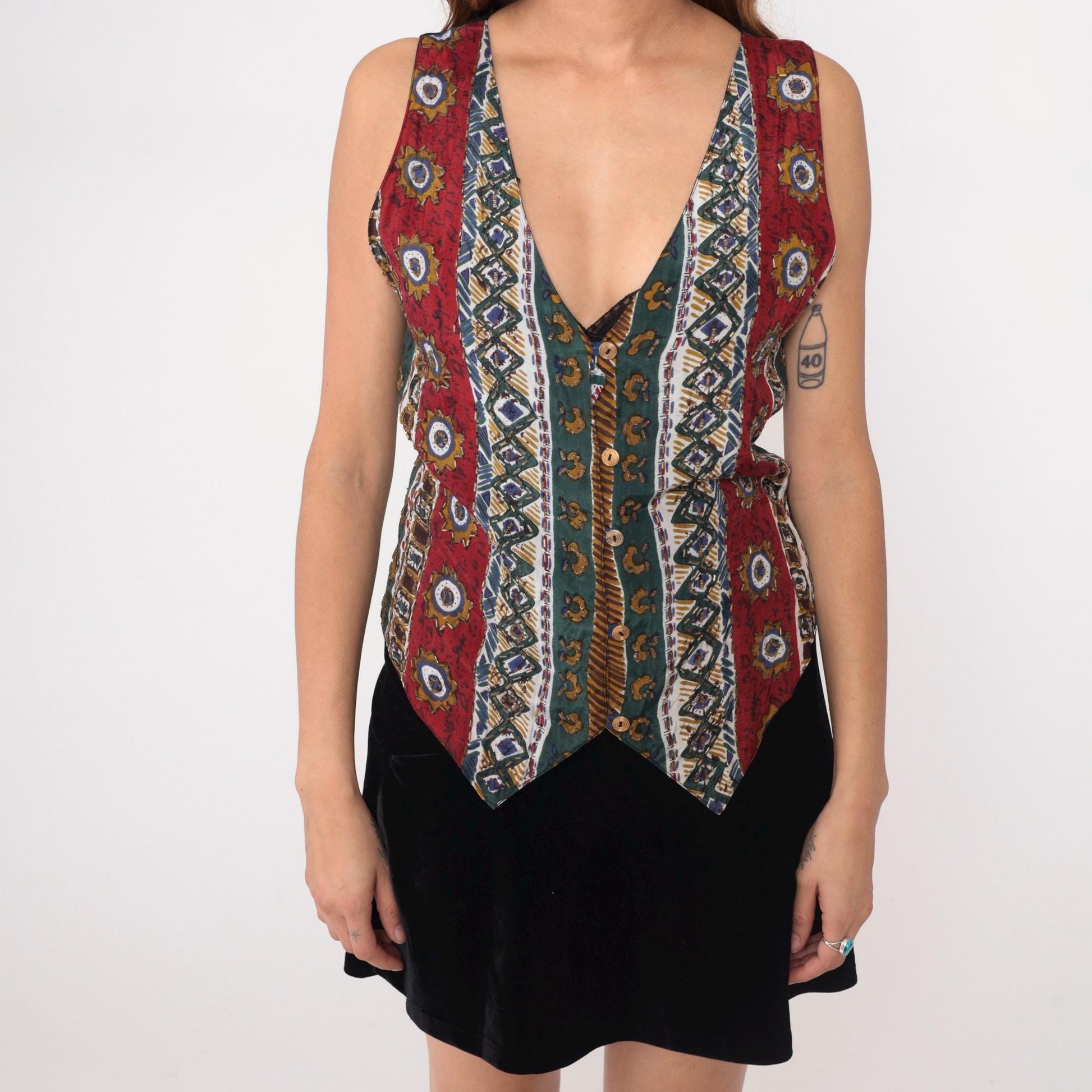 90s Bay Club Reversible Vest Geometric Stripe Deep V Burgundy Navy Teal Small