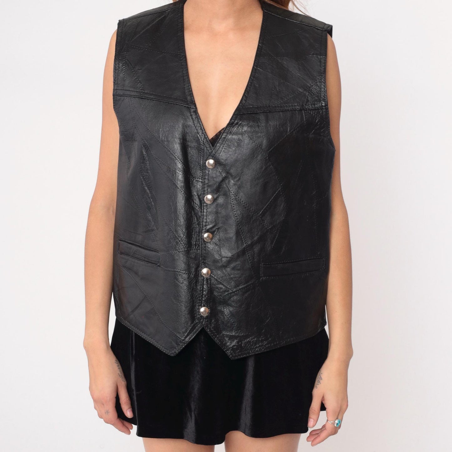 90s Black Leather Vest Button Front V-Neck Sleeveless Large L