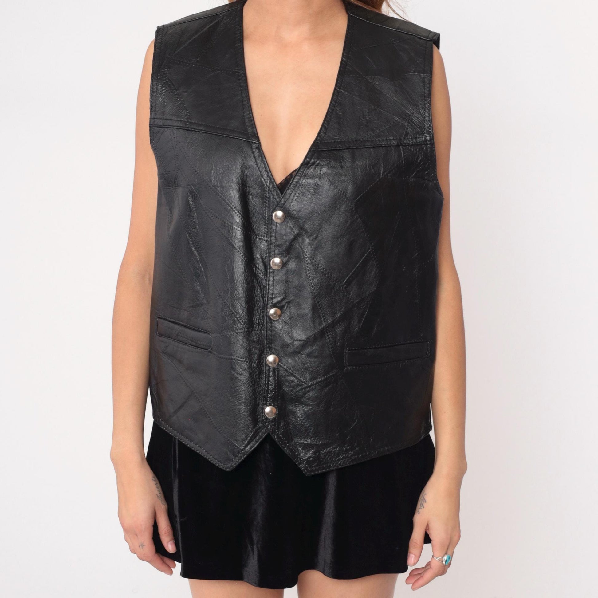 90s Black Leather Vest Button Front V-Neck Sleeveless Large L