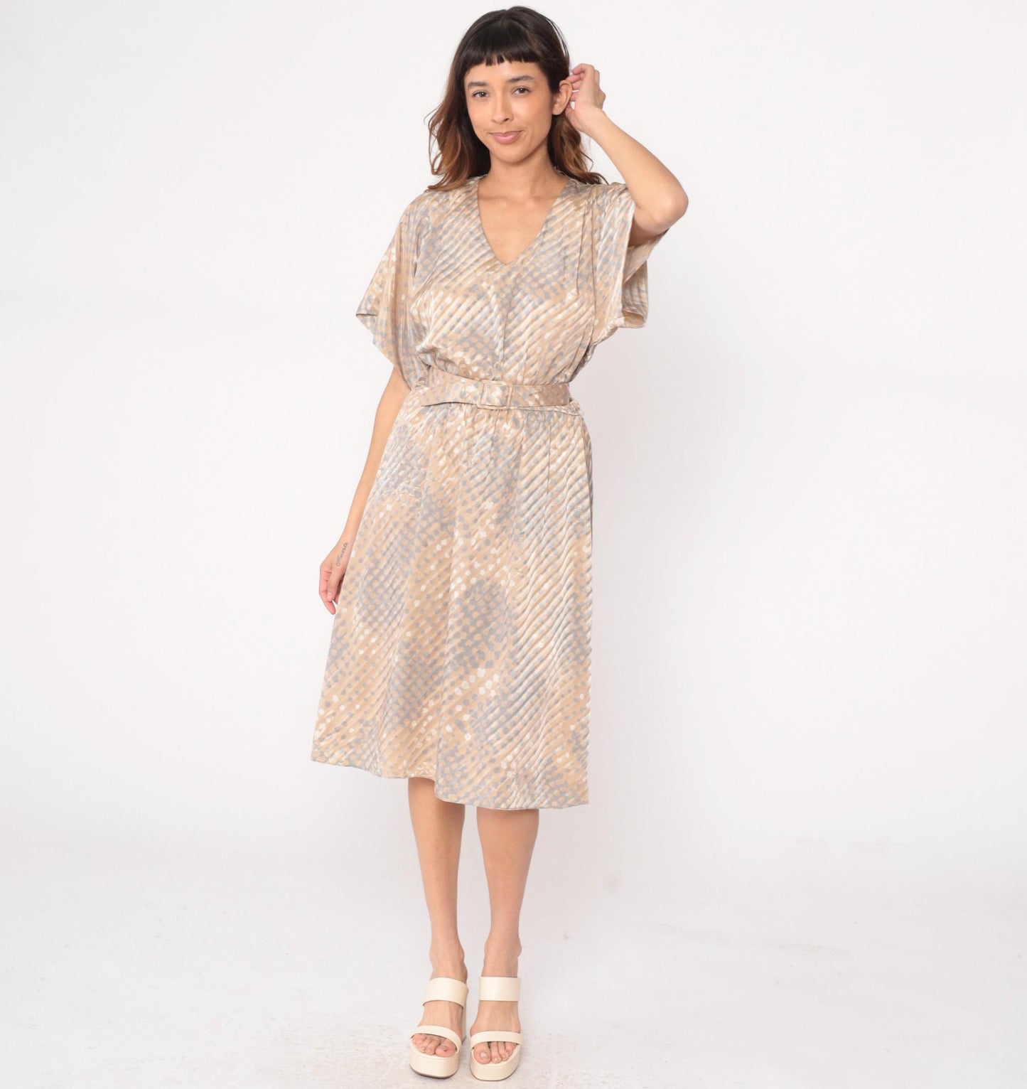 80s Pellini Wrap Dress Beige Polka Dot Diagonal Stripe V-Neck Kimono Sleeve Small