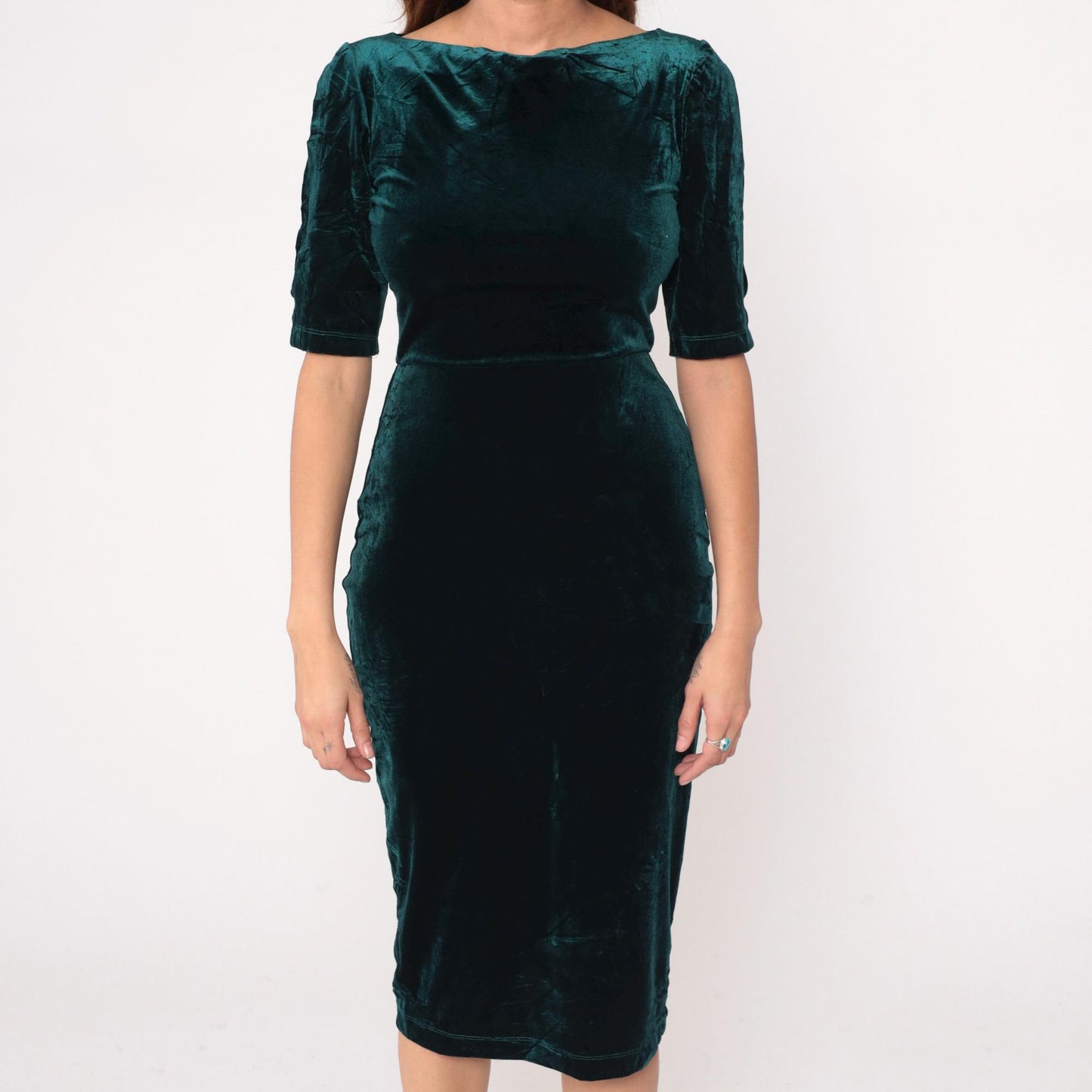 90s Style Camp Emerald Velvet Midi Dress Boat Neck Medium M