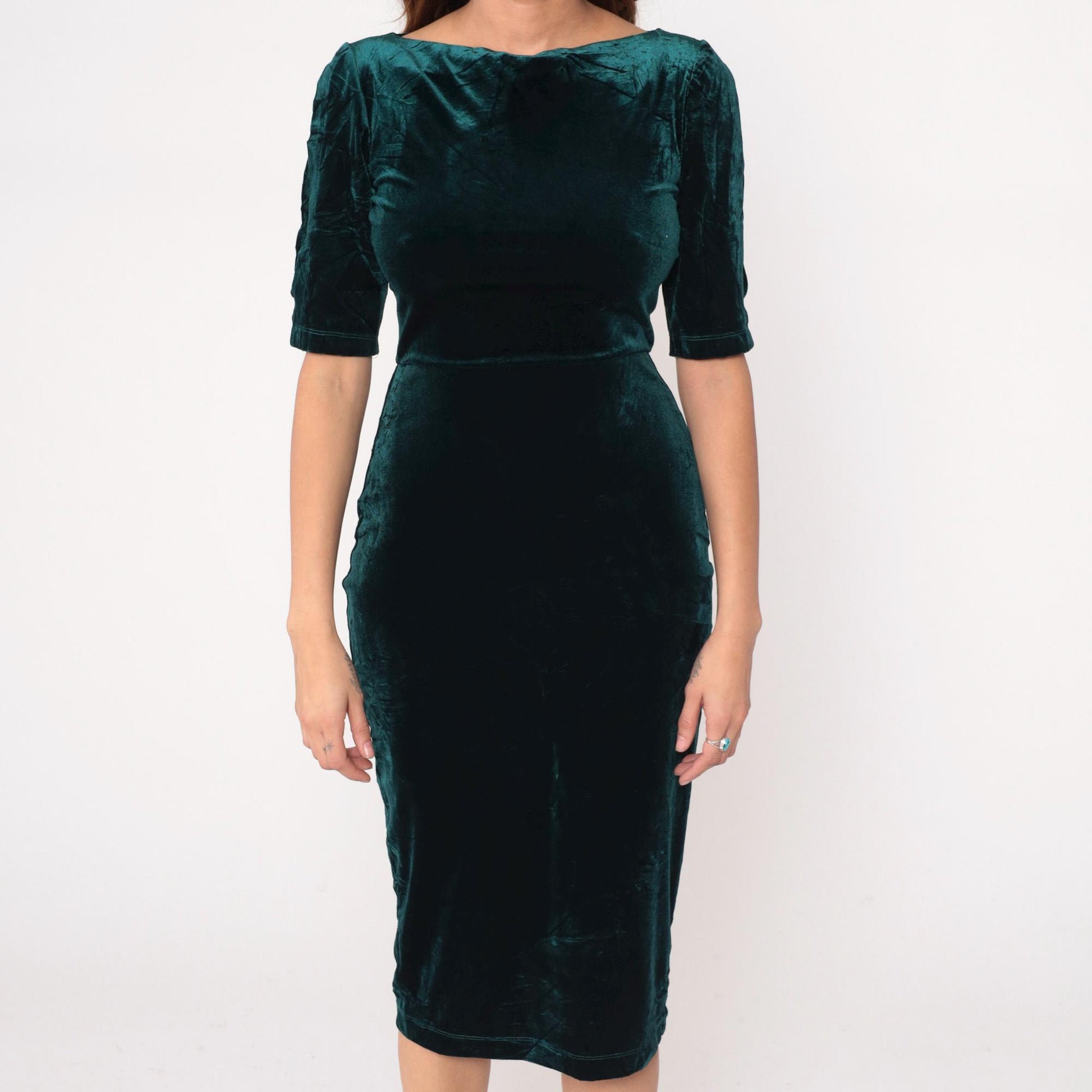 90s Style Camp Emerald Velvet Midi Dress Boat Neck Medium M